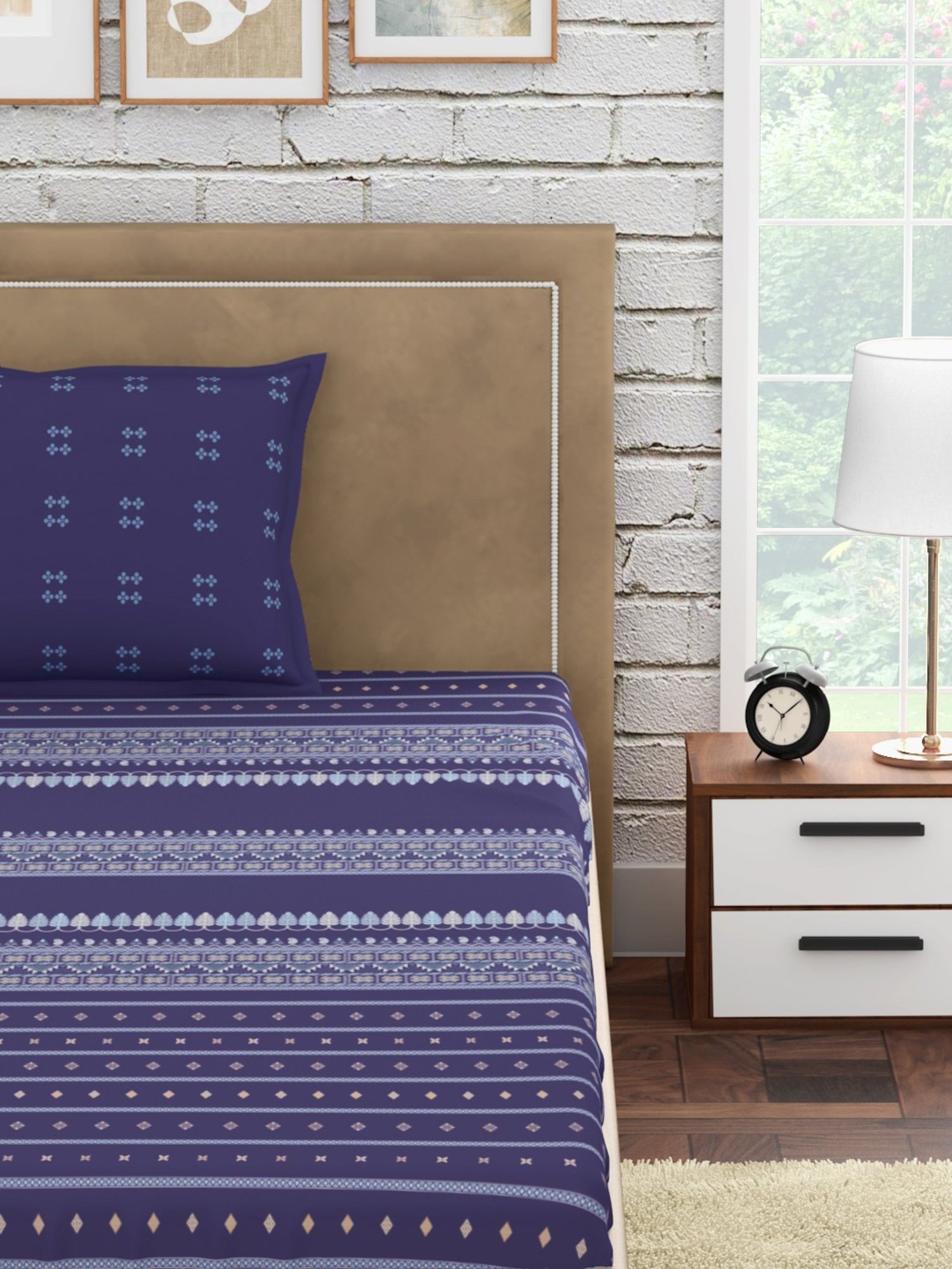 Petal Home Hooghly Motif Navy 300 TC Cotton Single Bed Sheet with 1 Pillow Cover