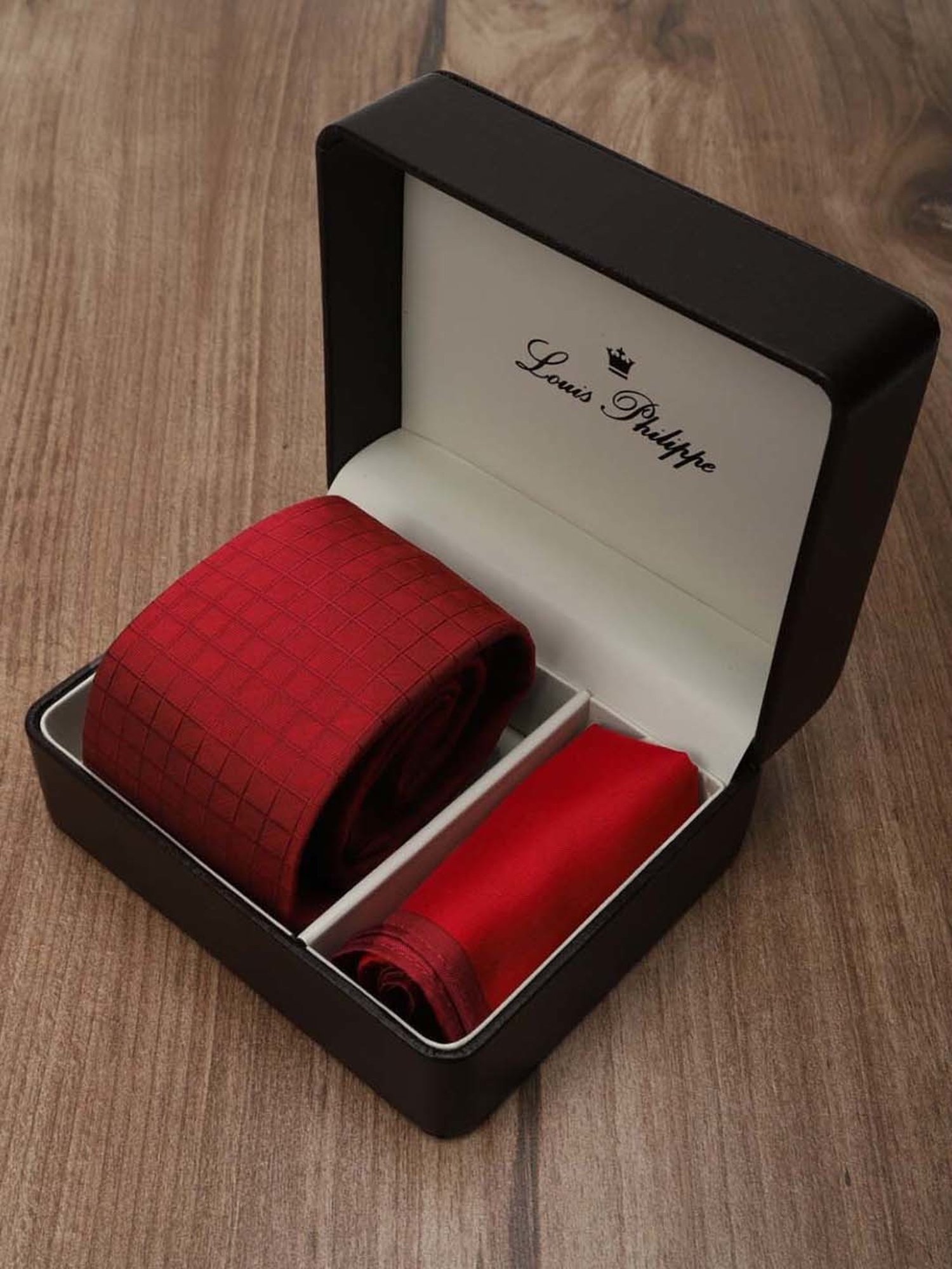 Louis Philippe Maroon Checks Tie with Pocket Square