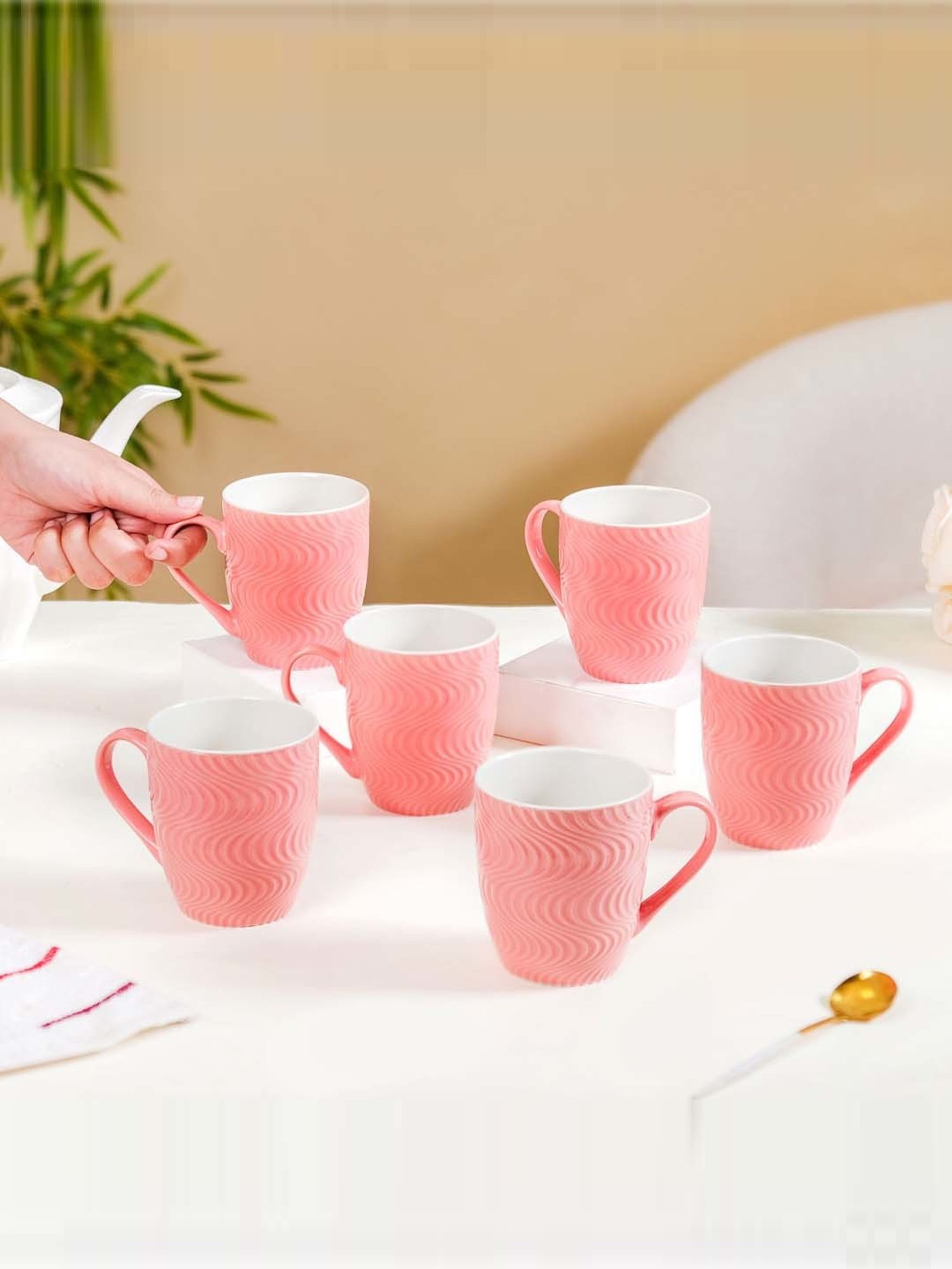 Nestasia Ocean Waves Pink Textured Ceramic Mugs Set Of 6 230ml