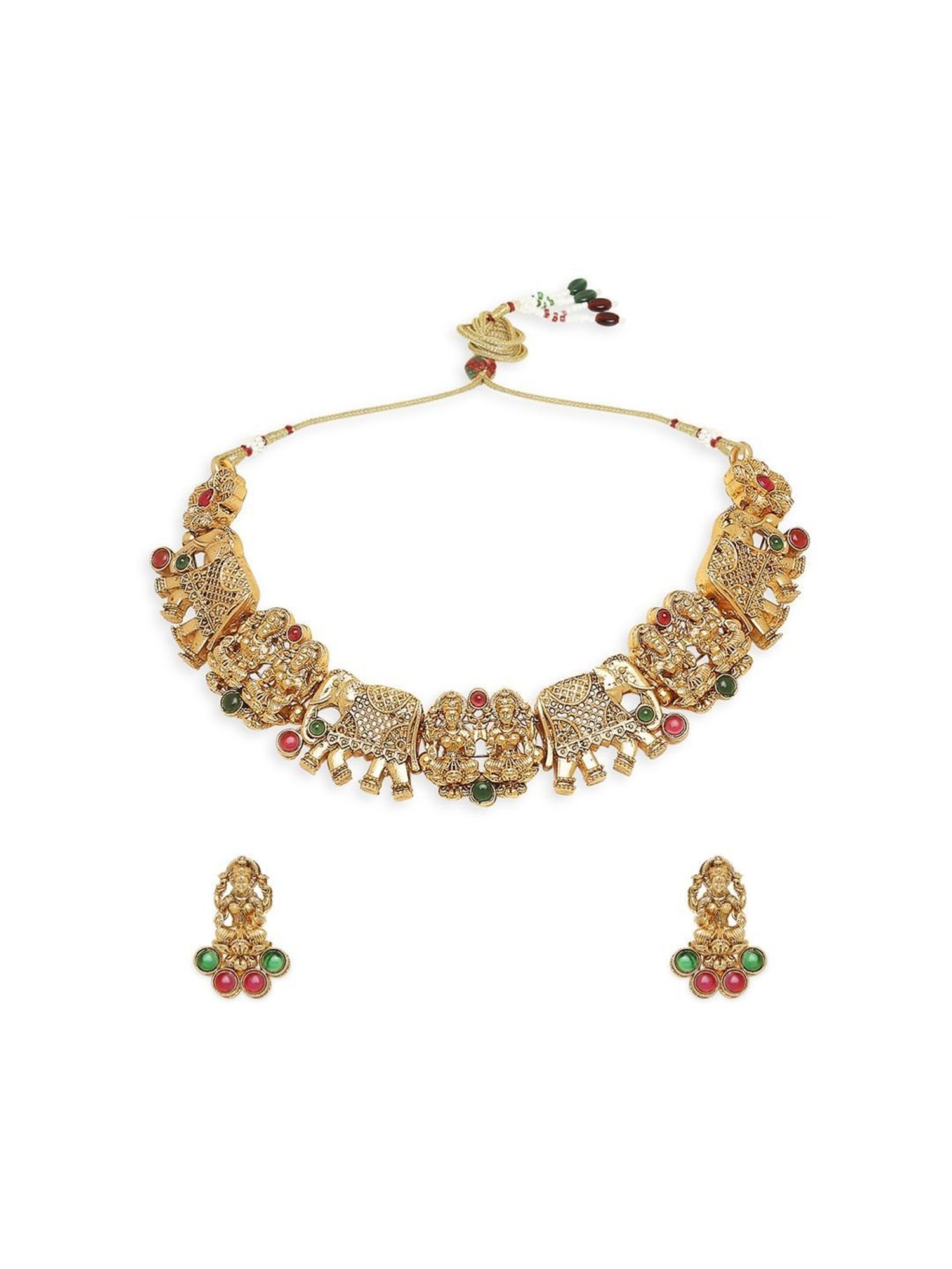 OOMPH Antique Gold Tone Red & Green Stones Elephant Choker Necklace Set for Women