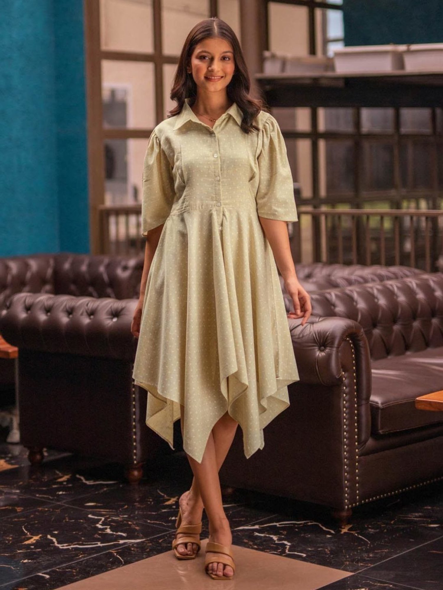 BInfinite Khaki Chambray Handkerchief Dress