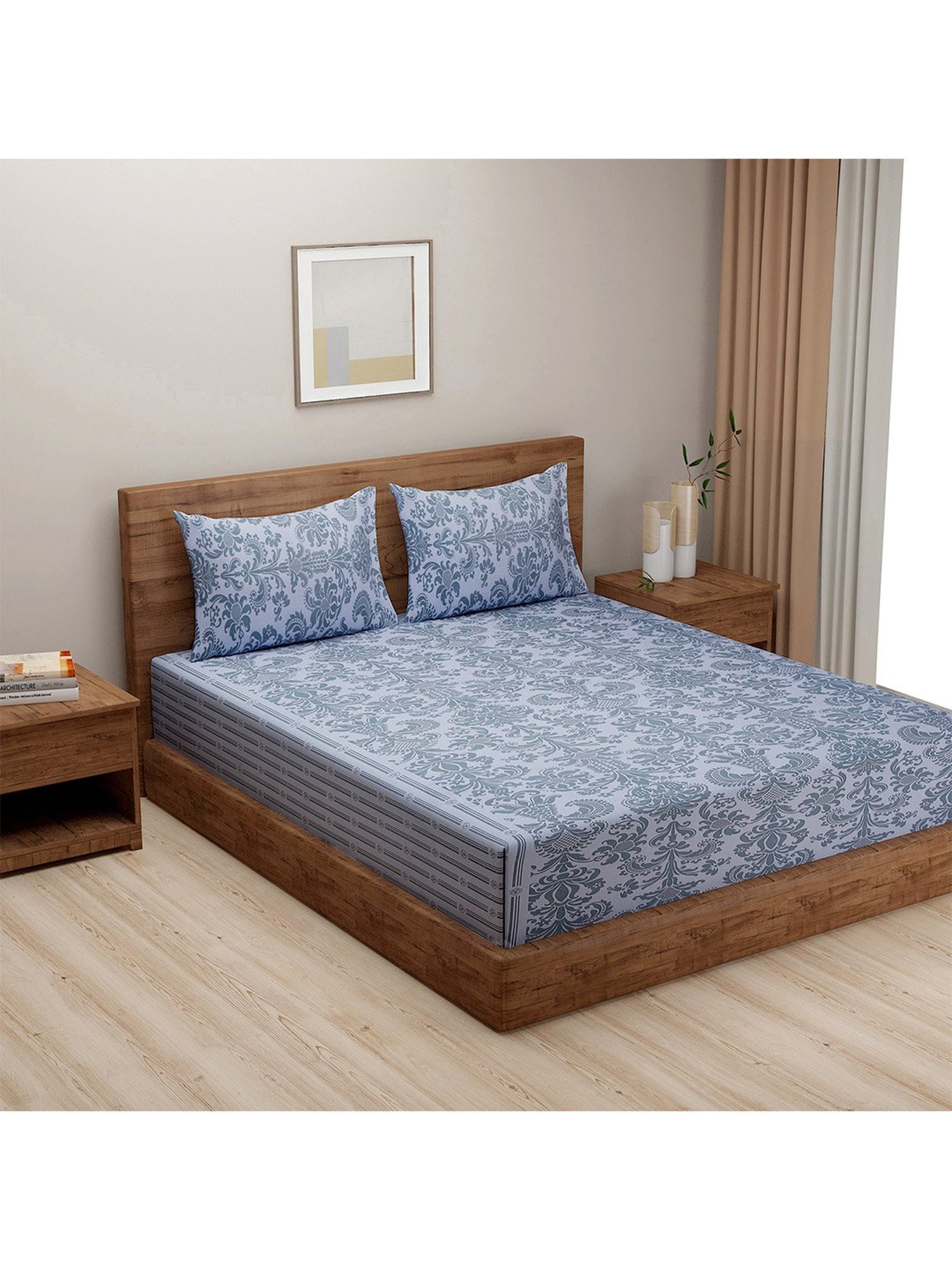 Swayam Vedic Motif Grey & Blue 180 TC Cotton Double Bedsheet with 2 Pillow covers