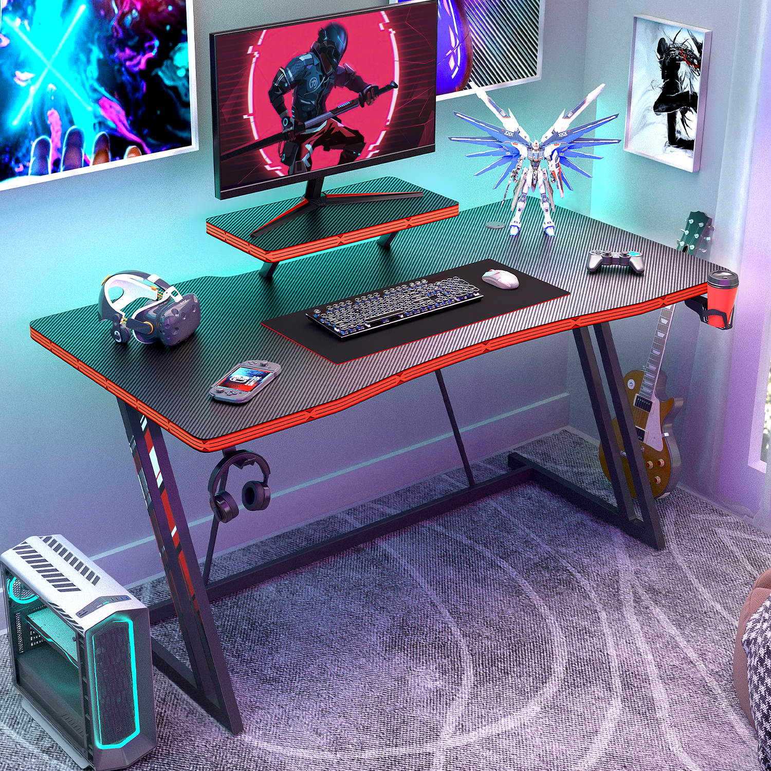 Furmax 47 inch Gaming Desk Z Shaped PC Gaming Table with Carbon Fibre Surface Computer Desk Gamer Workstation with Monitor Shelf, Cup Holder and Headphone Hook for Home Office (Black)