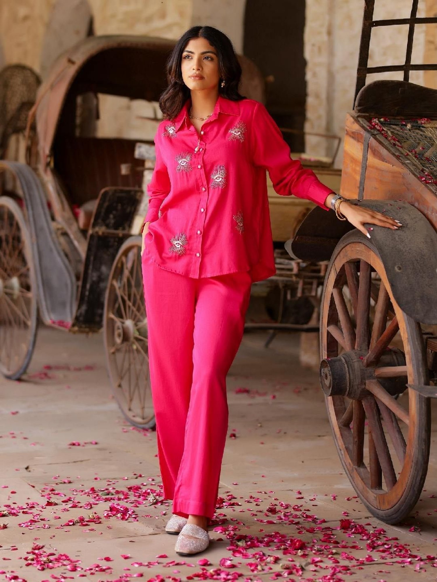 Gulaal Hot Pink Evil Eye Embroidered Shirt with Pant Co-ord Set