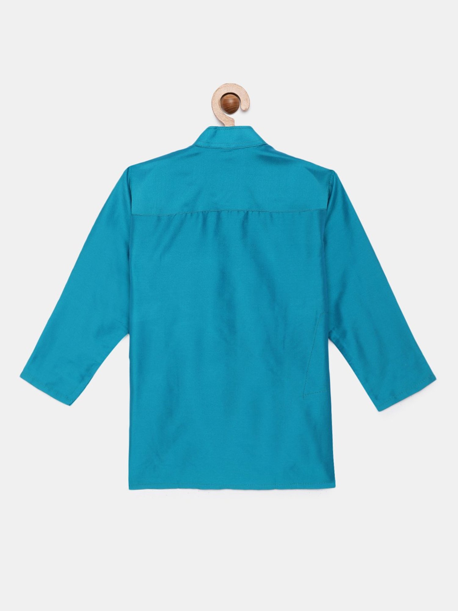 THANGAMAGAN Kids Turquoise Solid Full Sleeves Kurta