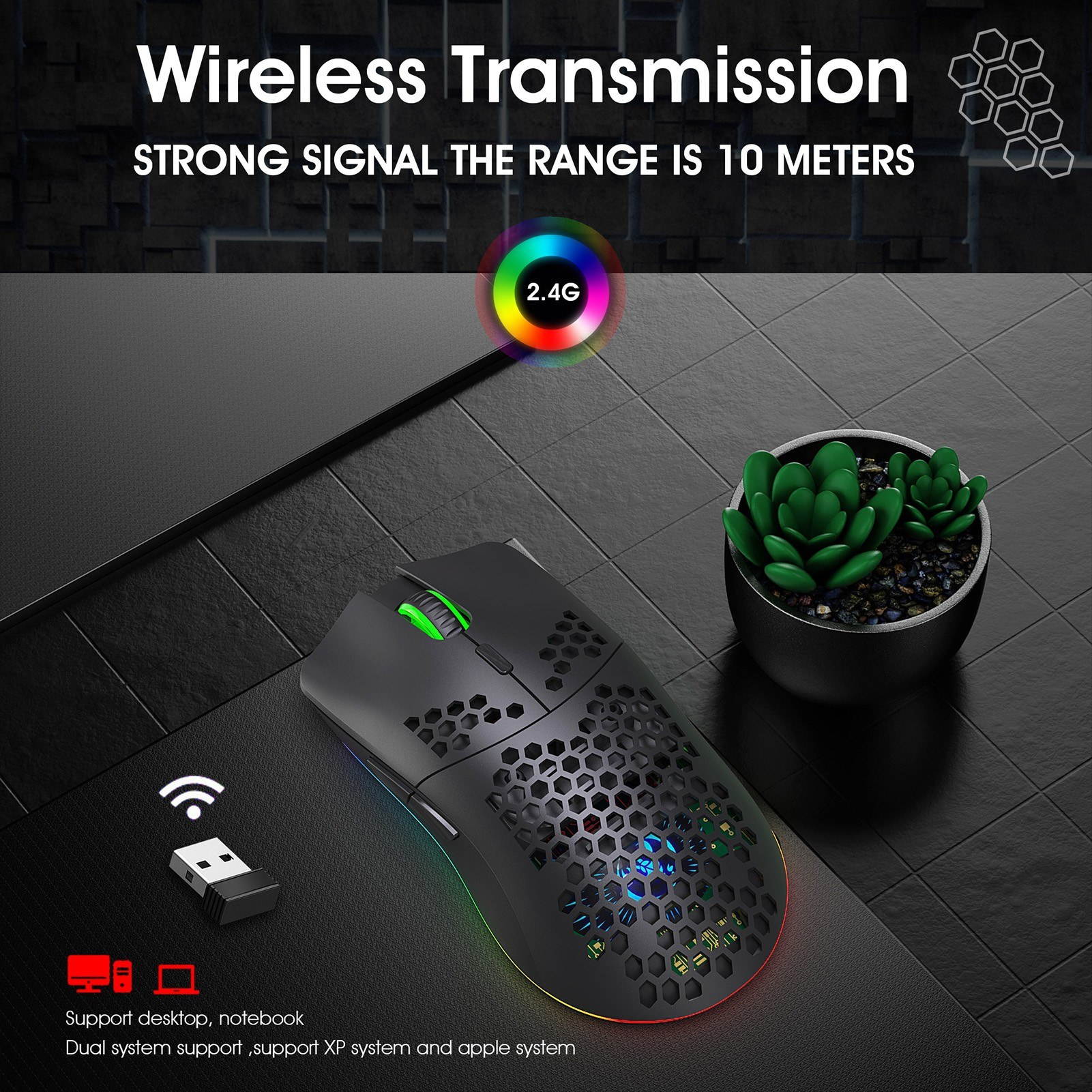 HXSJ T66 RGB 2.4G Wireless Gaming Mouse RGB Lighting Charging Mouse with Adjustable DPI Ergonomic Design for Desktop Laptop