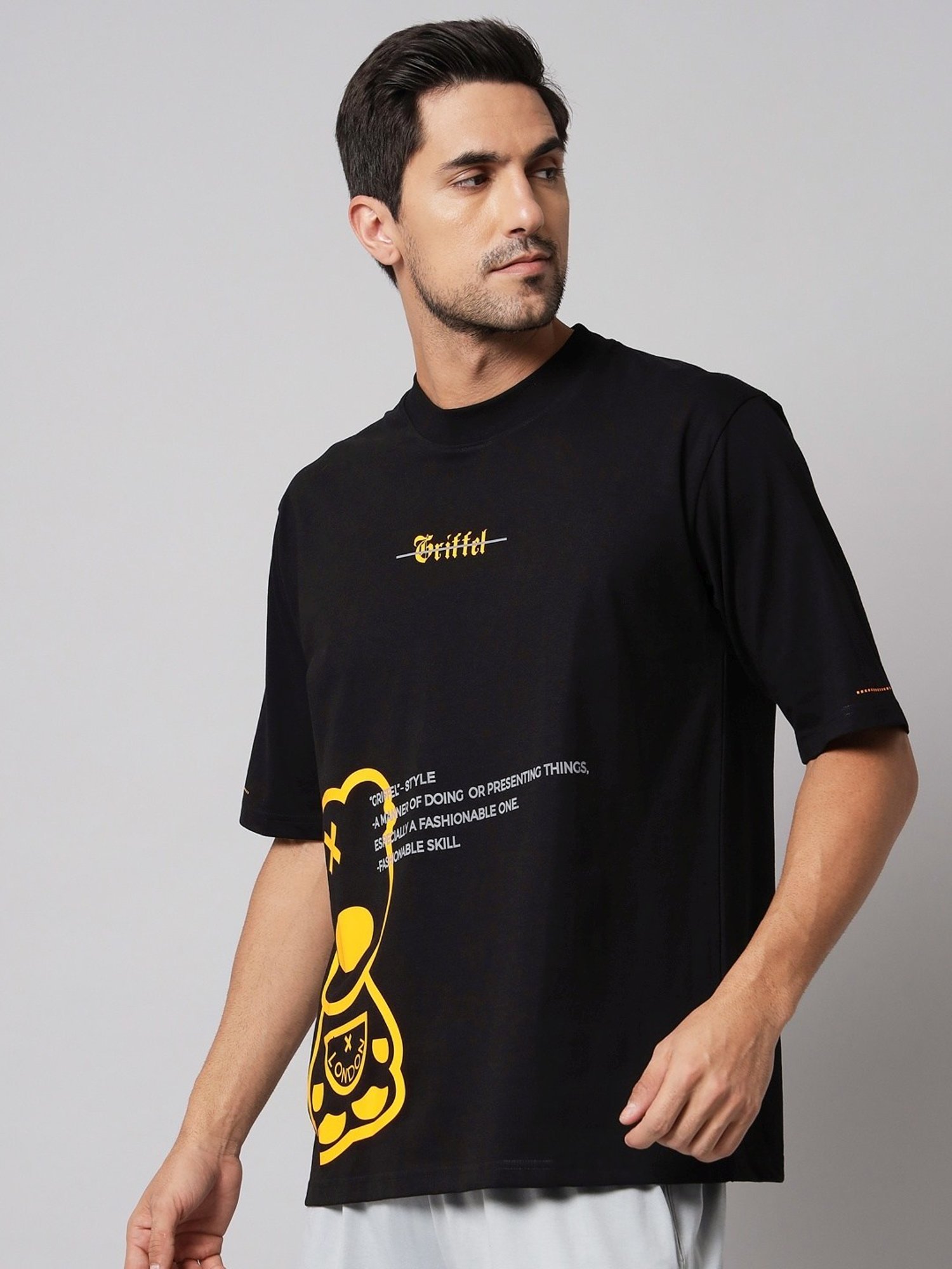 Griffel Black Cotton Loose Fit Printed T-Shirt