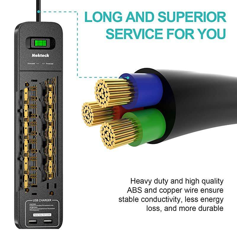 Power Strip Flat Plug  Surge Protector with 2 USB Port and 12 AC Outlet 6ft Heavy Duty Extension Cord Wall Mount Charging Station for Home Outdoor Office 2390Joule 5V24A