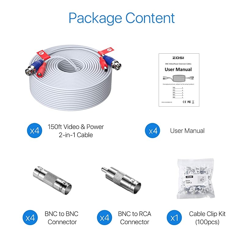 4 Pack 150ft (45 Meters) All-in-One Video Power Cable, BNC Extension Surveillance Camera Cables for Video Security DVR Camera Systems (Included 4X BNC Connectors and 4X RCA Adapters)-White Color