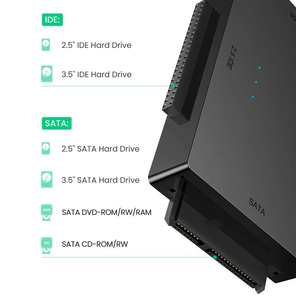 UGREEN USB IDE Adapter USB 3.0 to SATA IDE Hard Drive Cable Adapter Converter for 2.5" 3.5" IDE External SATA HDD SSD Hard Drives Disks with 12V 2A Power Adapter and USB 3.0 Cable for Laptop