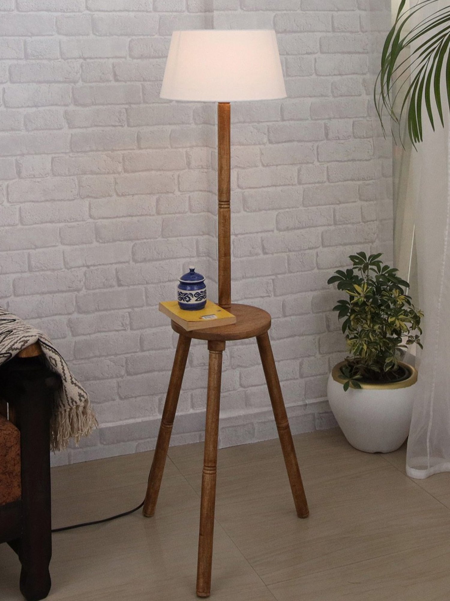 Homesake 'Tripod' White & Brown Wood Tall Floor Lamp With Shade & Bulb - Set of 1