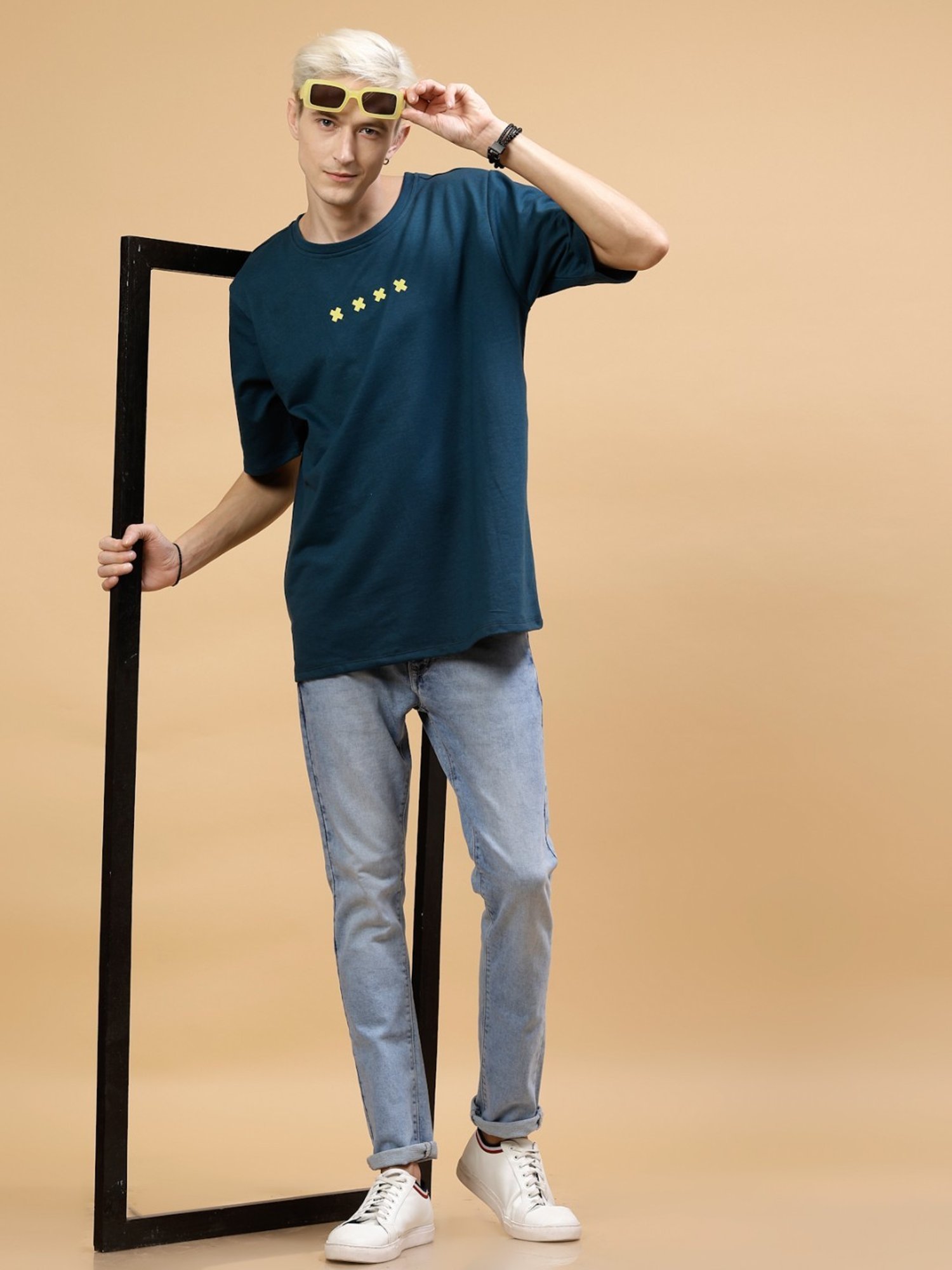 Rigo Teal Cotton Loose Fit Printed T-Shirt