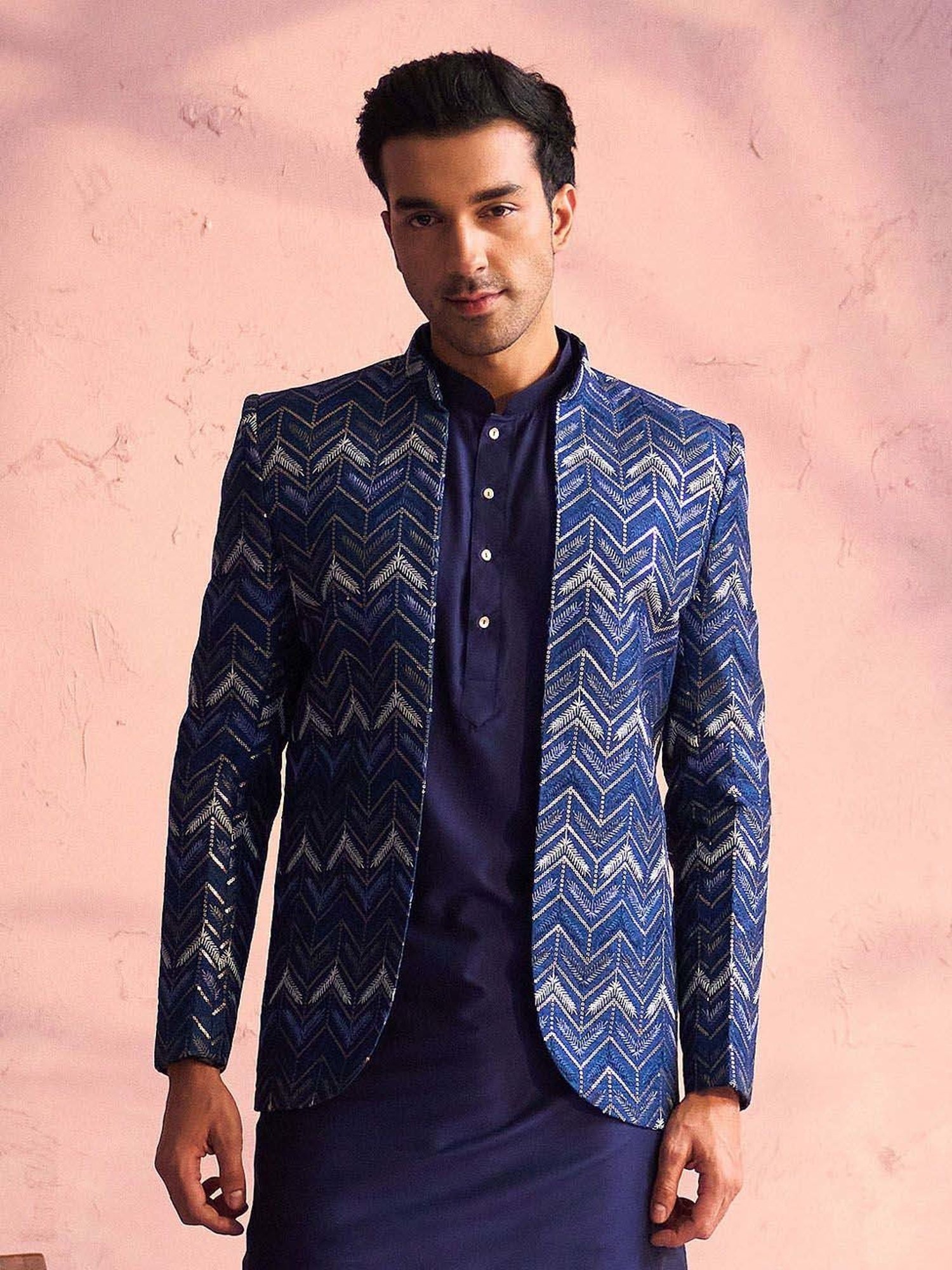 Vastramay Blue Regular Fit Embroidered Ethnic Blazer