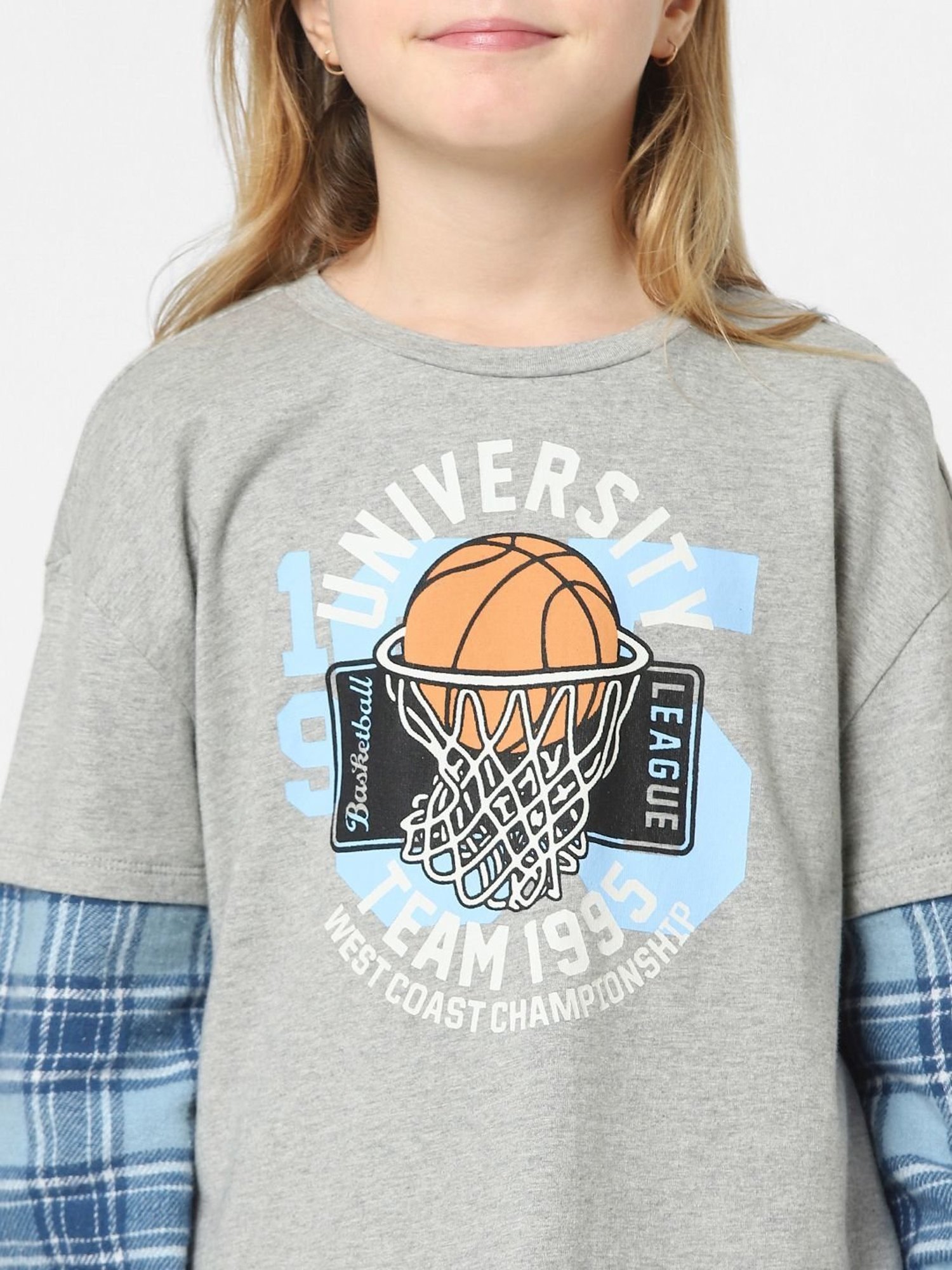 KIDS ONLY Melange Grey & Blue Cotton Printed Full Sleeves Sweatshirt