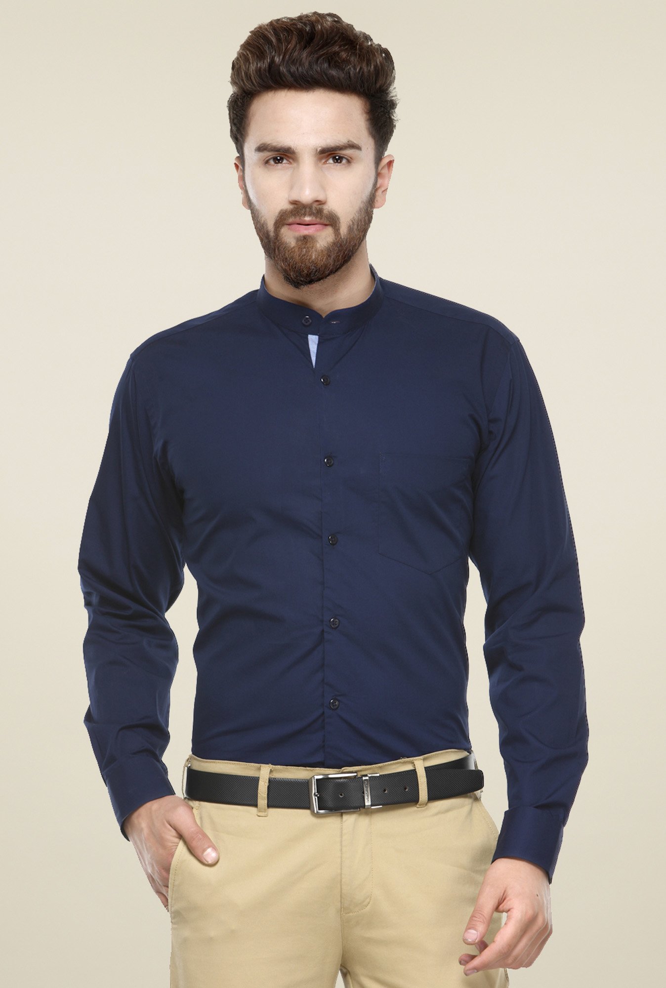 Hancock Navy Solid Cotton Slim Fit Shirt