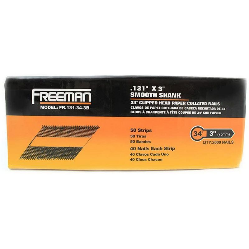 Freeman FR.131-34-3B 34 Degree 0.131 x 3 Inch Paper Collated Solid Steel Smooth Shank Clipped Head Brite Framing Nails, 200 Nails in Box (2 Pack)