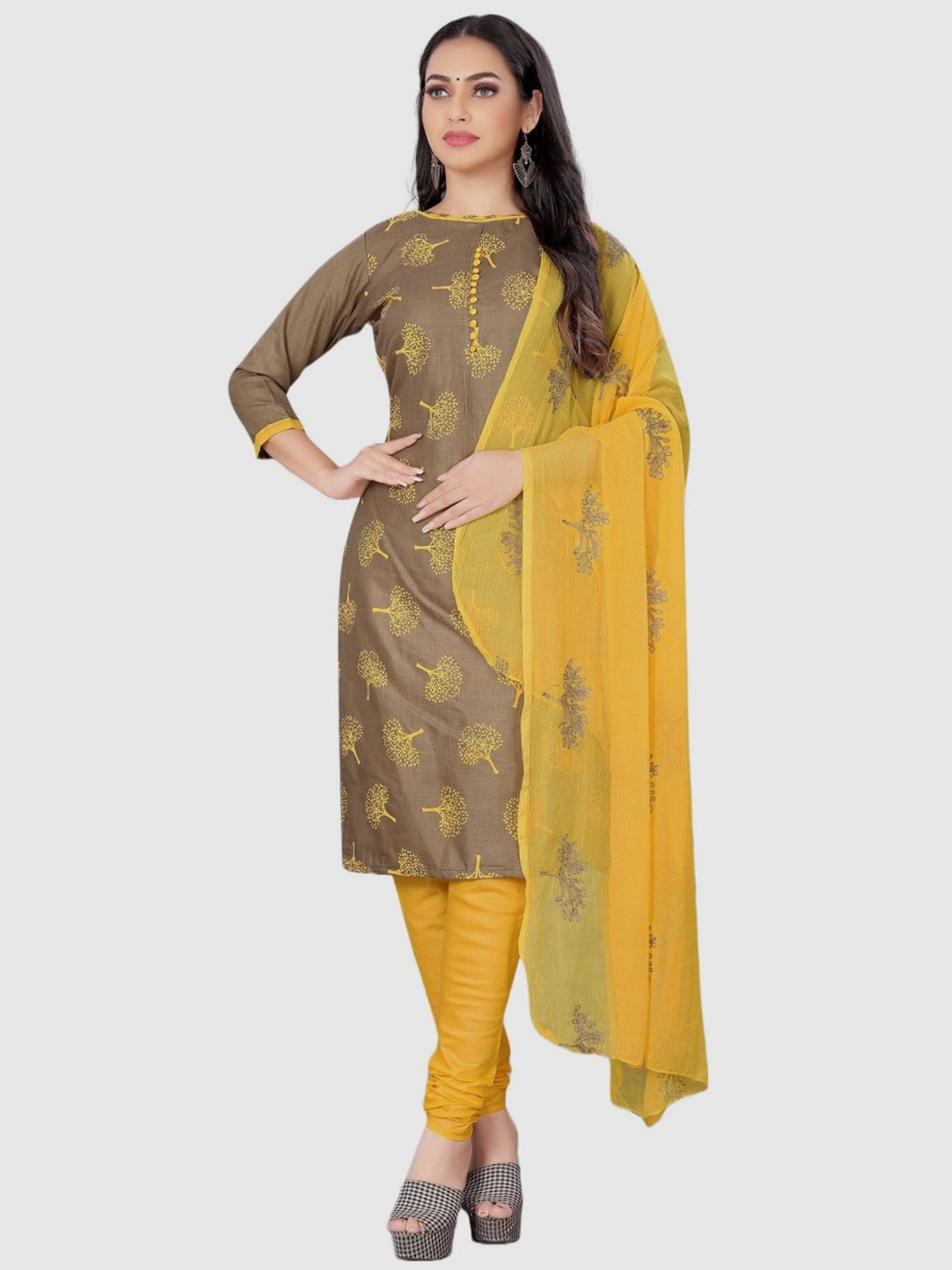 APNISHA Beige & Yellow Cotton Printed Unstitched Dress Material