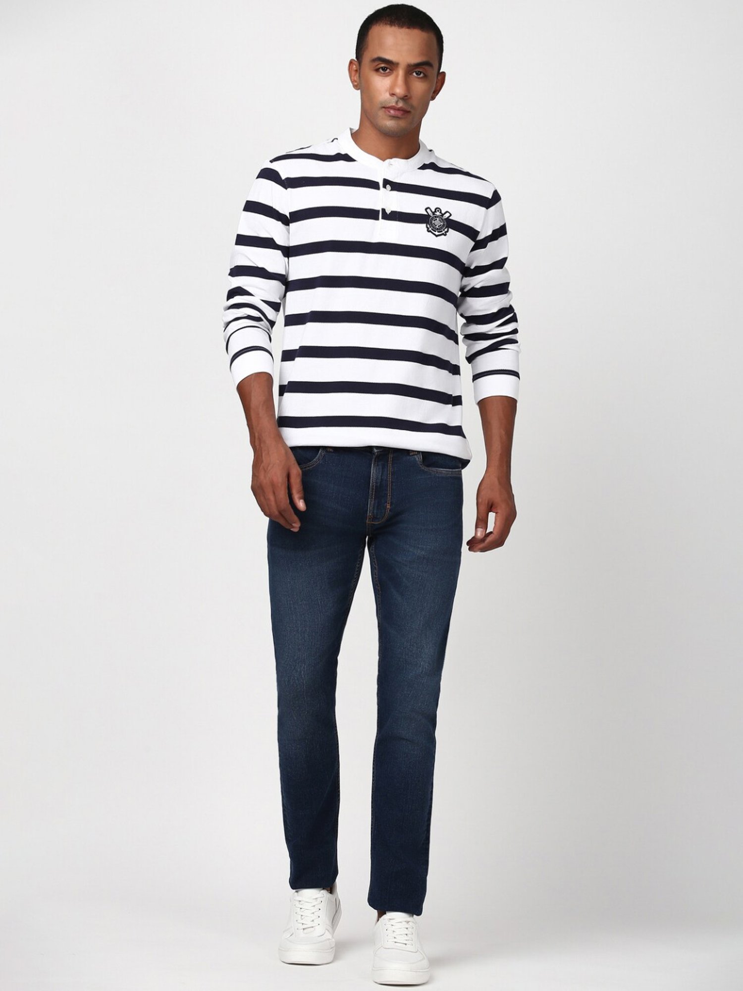 Peter England White Cotton Regular Fit Striped T-Shirt