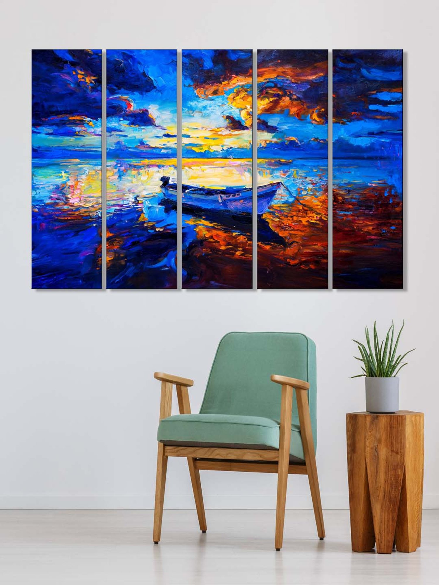 999Store Blue Boat in the Lake Art 5 Frame MDF Paintings