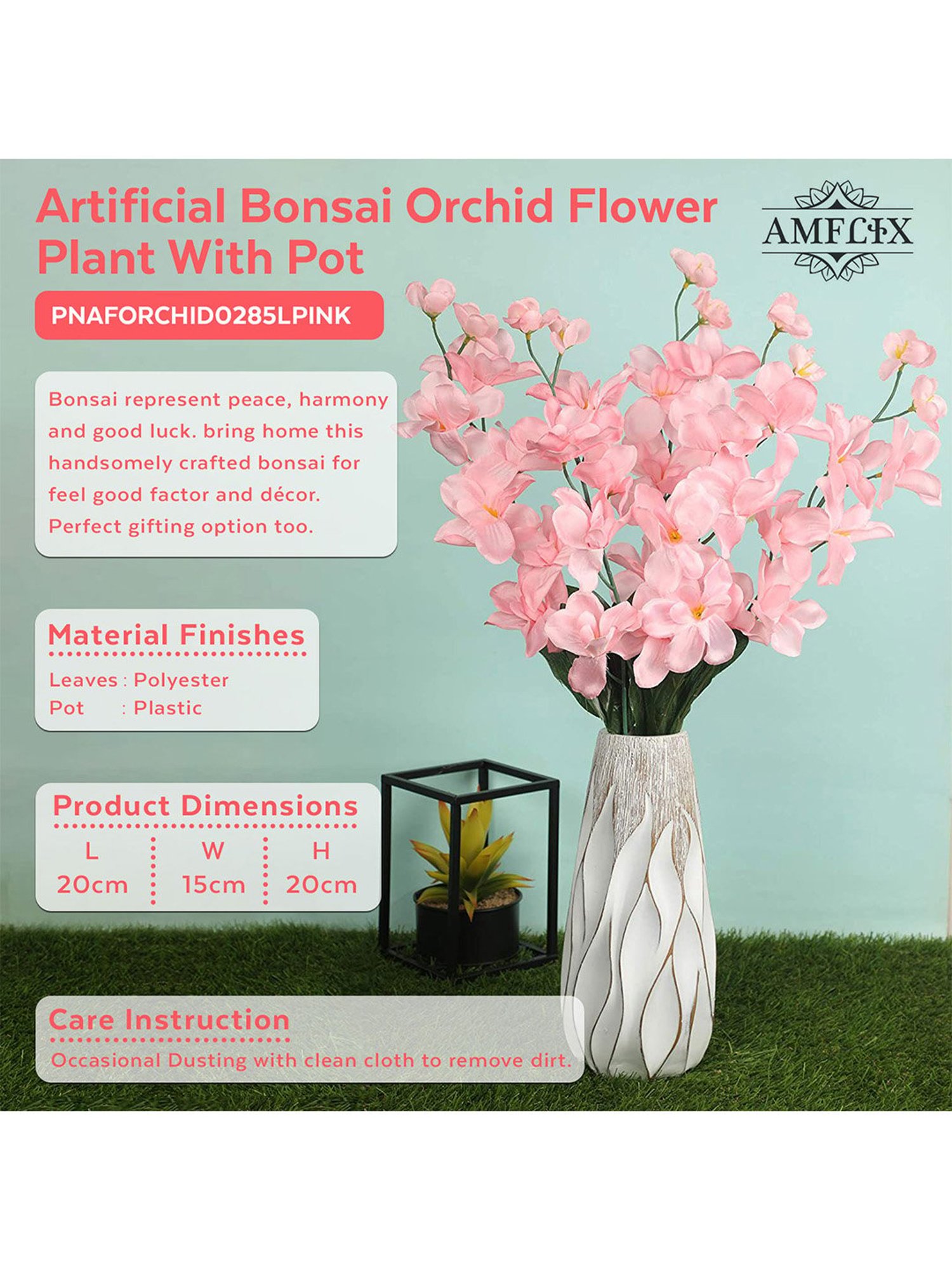 Amflix Pink Artificial Bonsai Orchid Flower Plant Without Pot