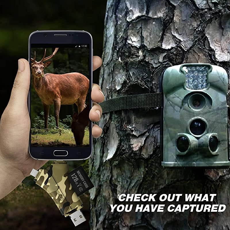 Camera Viewer SD Card Reader 4 in 1 SD and Micro SD Memory Card Reader to View Hunting Game Camera Photos or Videos on Smartphone Camouflage
