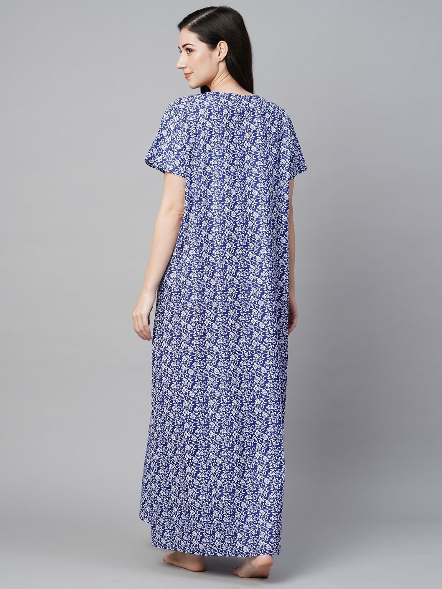 MomToBe Blue Cotton Printed Feeding Nighty