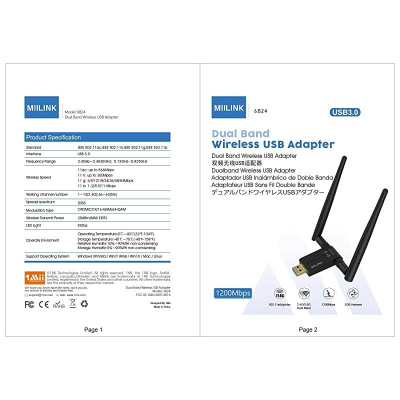 Wireless USB WiFi Adapter for PC/Desktop,1200Mbps Dual Band 2.4GHz/5GHz High Gain 5dBi Antennas USB 3.0 Wireless Network Adapter Supports Windows Linux/10/8/7/XP/Vista,Mac OS 10.11-10.14