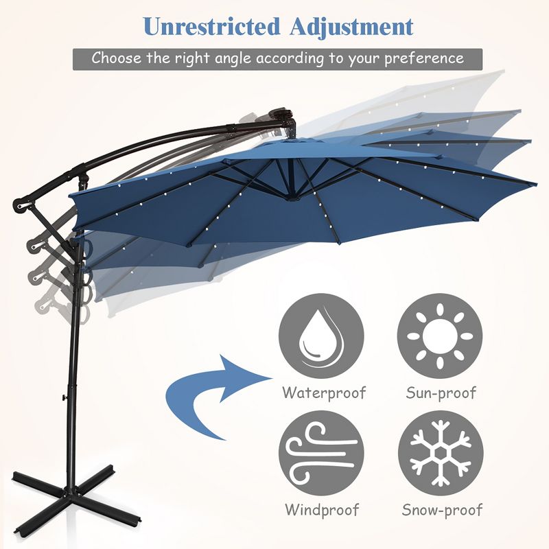 Costway 10FT Patio Offset Umbrella Solar Powered LED 360Degree Rotation Aluminum Blue