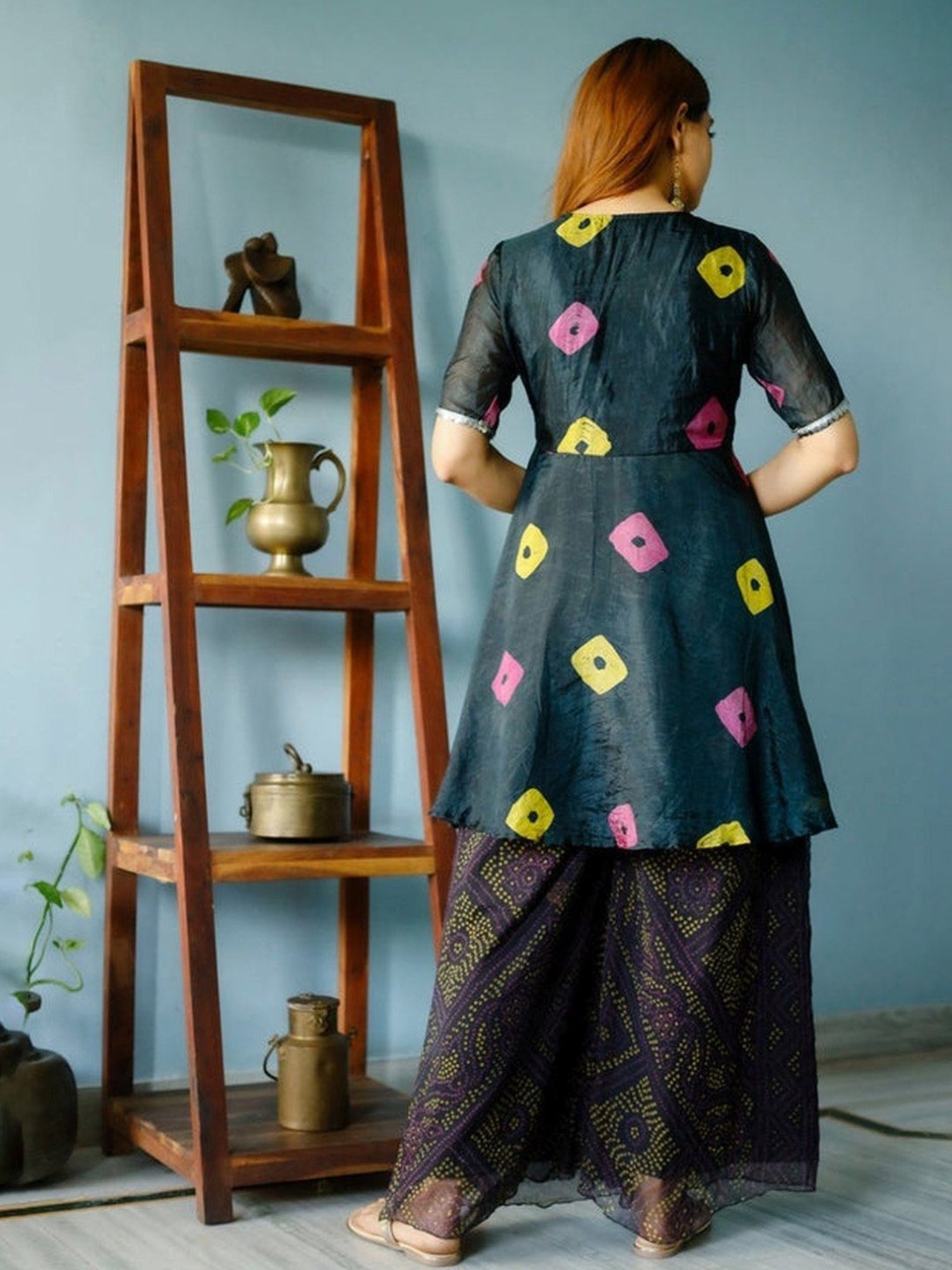Thread and Button Black Terk Bandhej Kurta and Palazzo with Dupatta