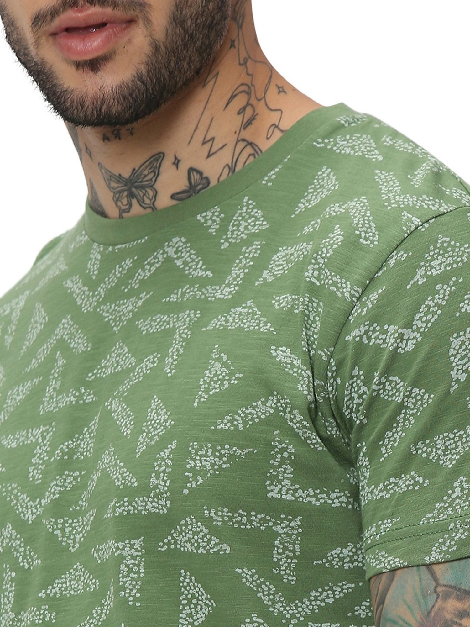 Mufti Green Slim Fit Printed Cotton Crew T-Shirt