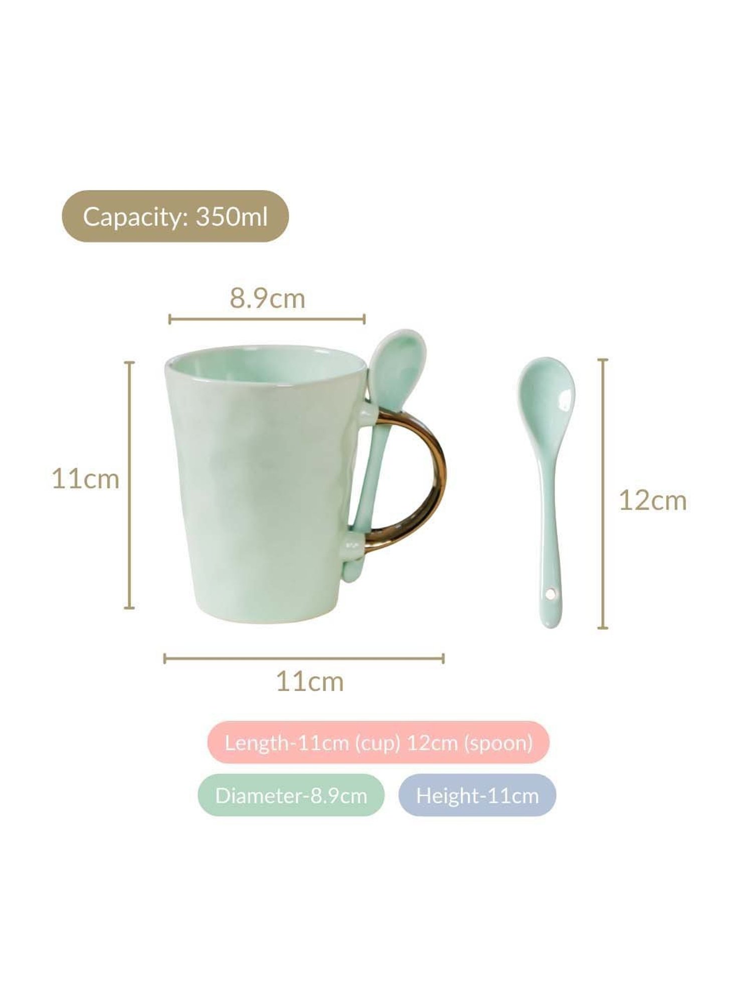 Nestasia Pebble Textured Mint Tea Cups With Spoons Set Of 6 350 ml