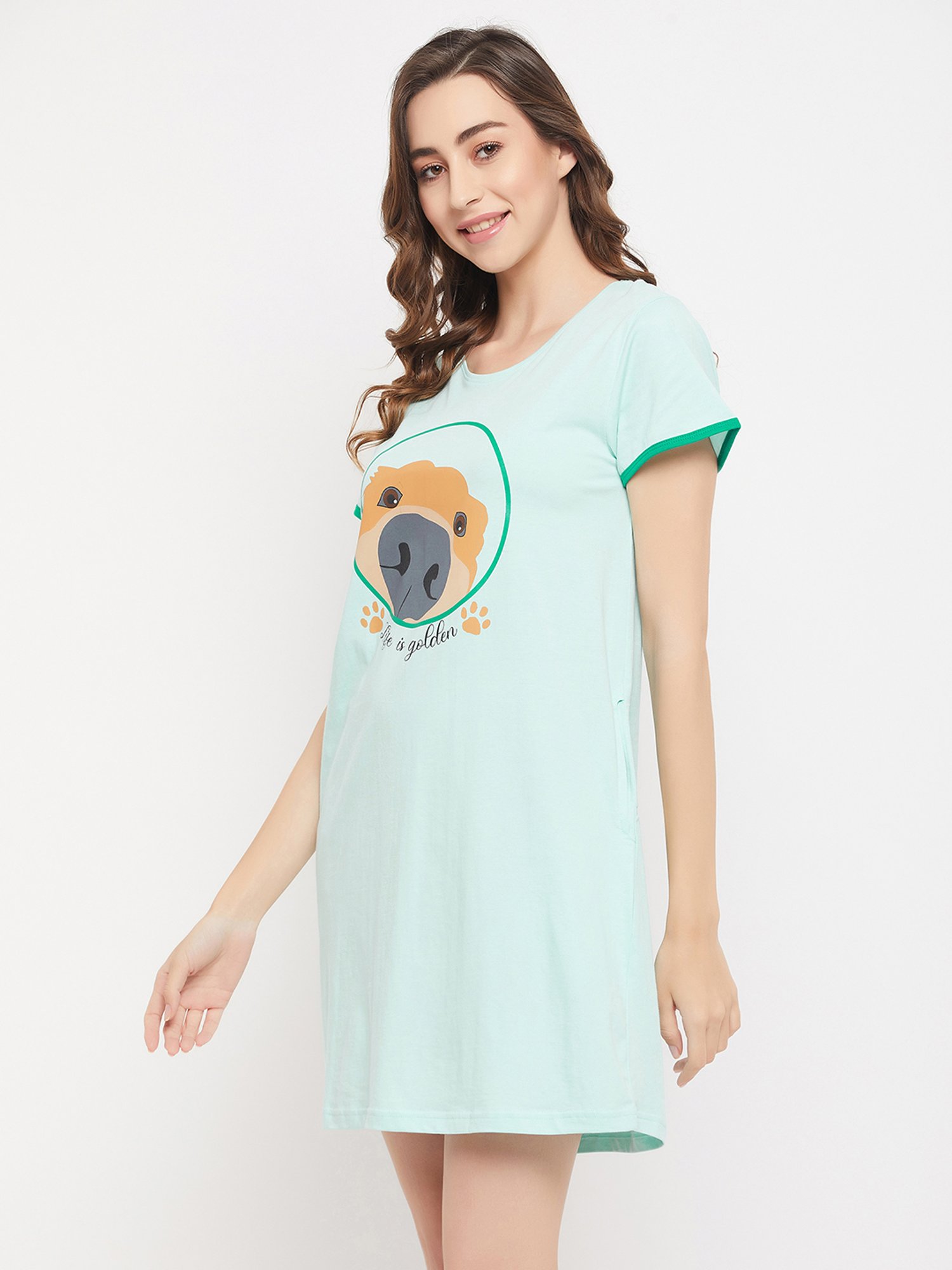 Clovia Light Blue Printed Cotton Night Dress