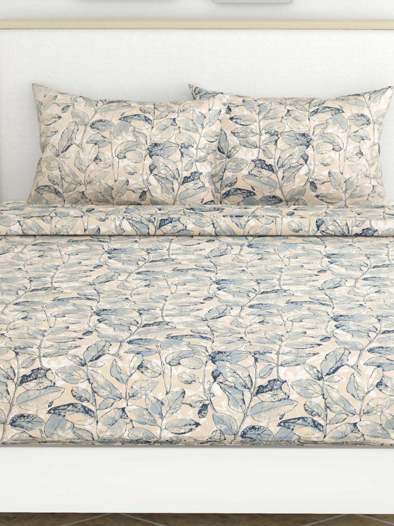 Haus & Kinder Cotton 186 TC Leafy Oasis Blue Printed Double Bedsheet with 2 Pillow Covers