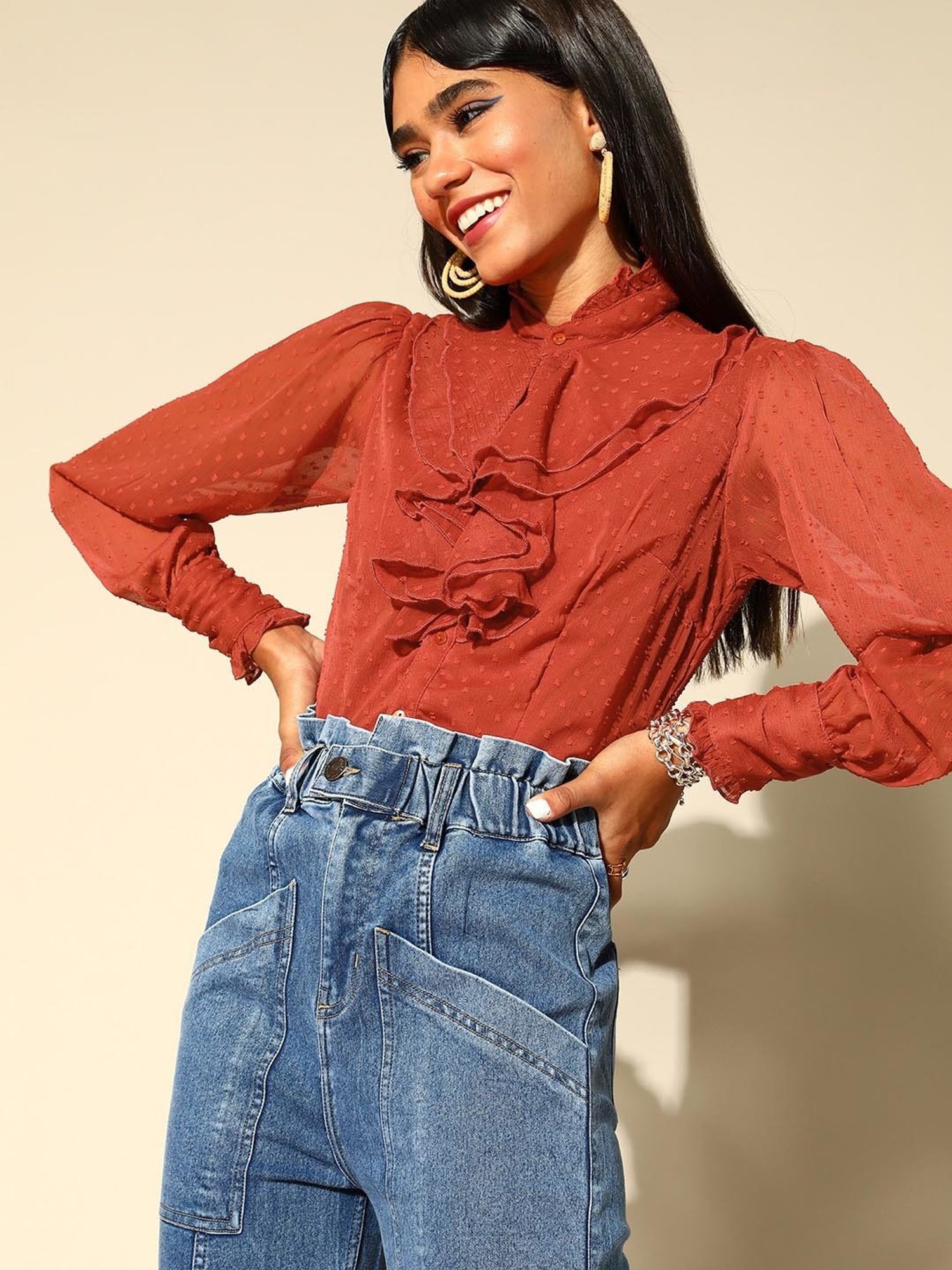 Melon by PlusS Red Self Design Top