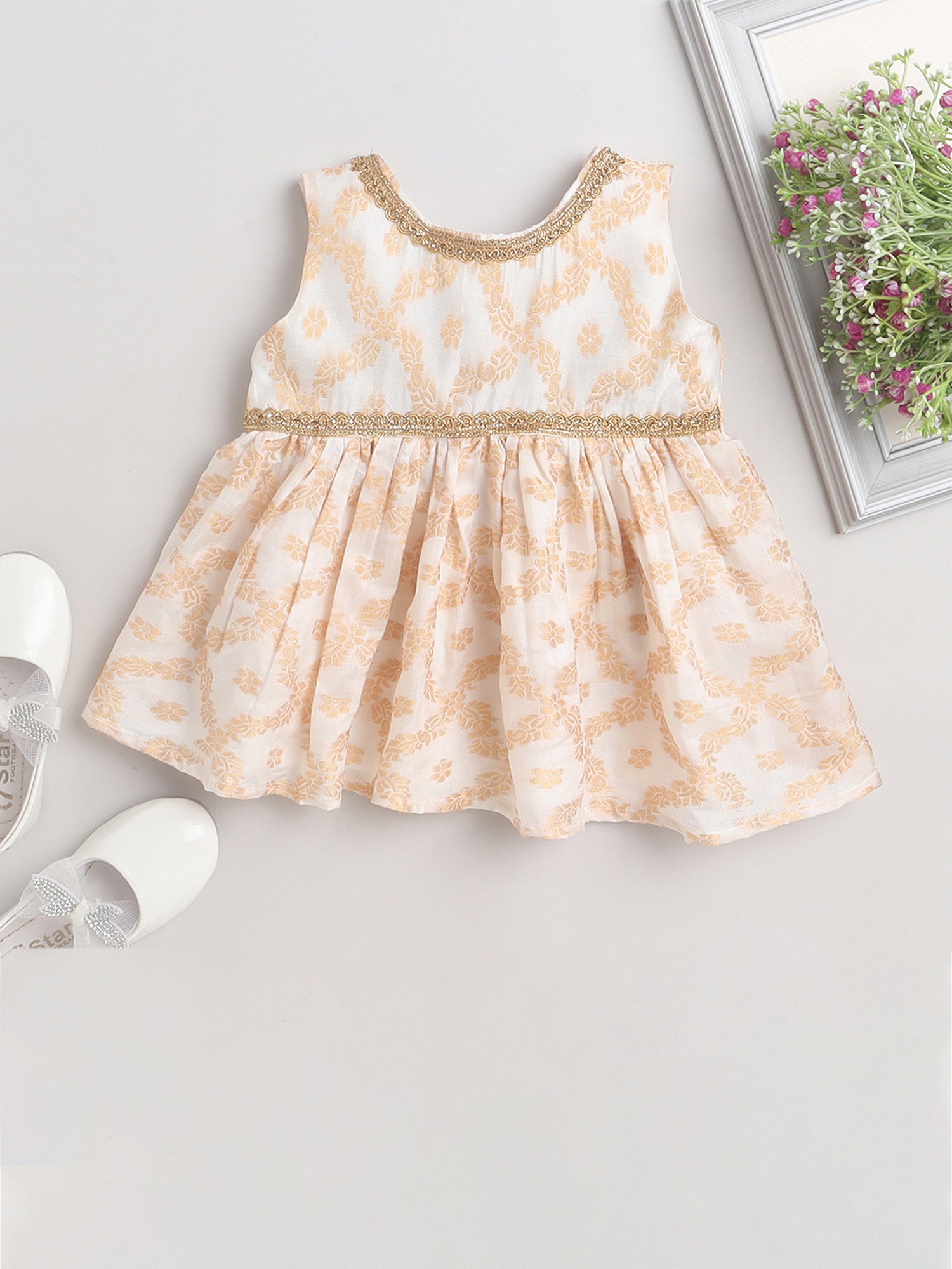 Many Frocks Kids Cream Self Design Dress