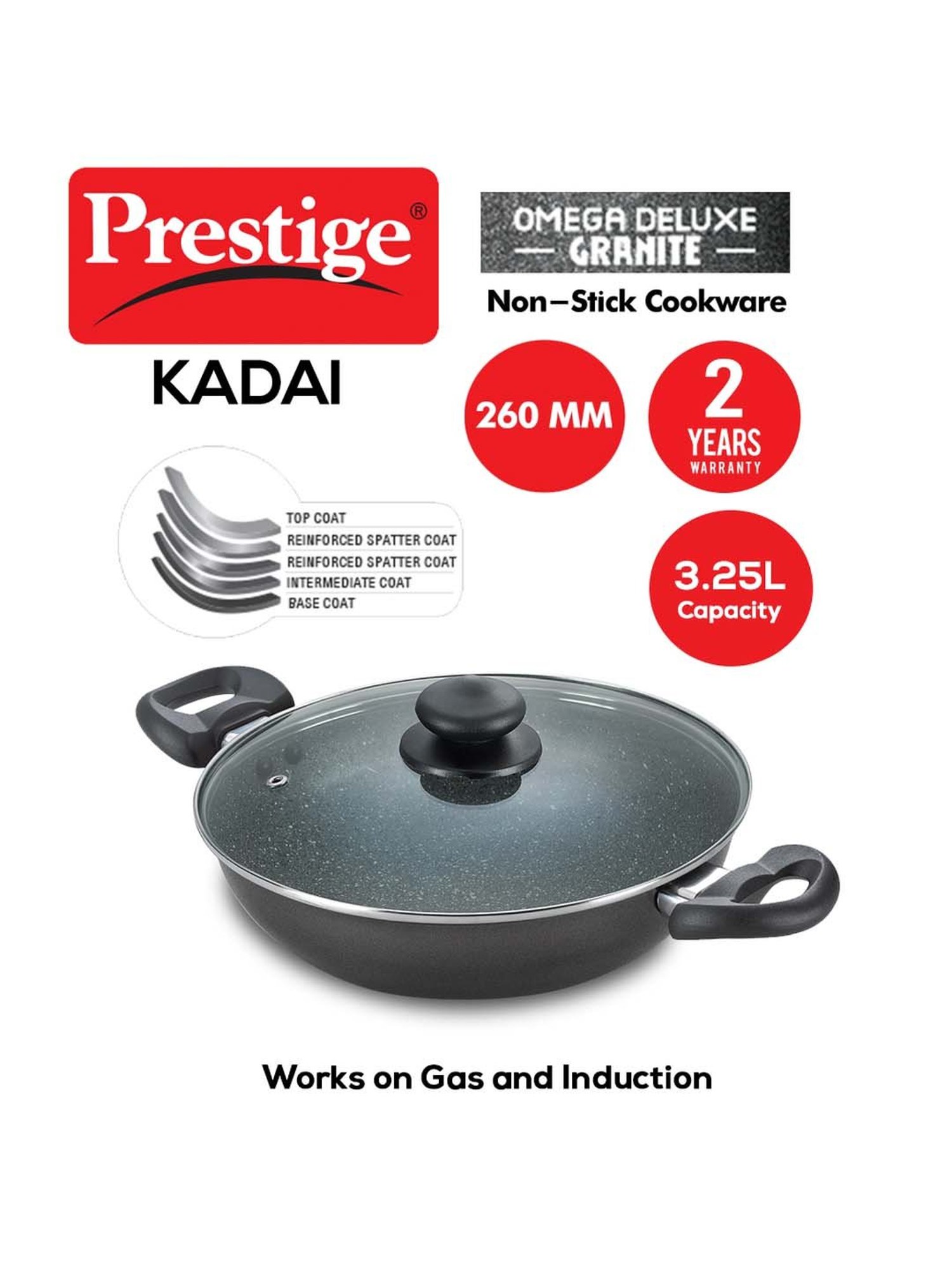 Prestige Omega Black Deluxe Granite 260 mm Kadai with Lid - Set of 1