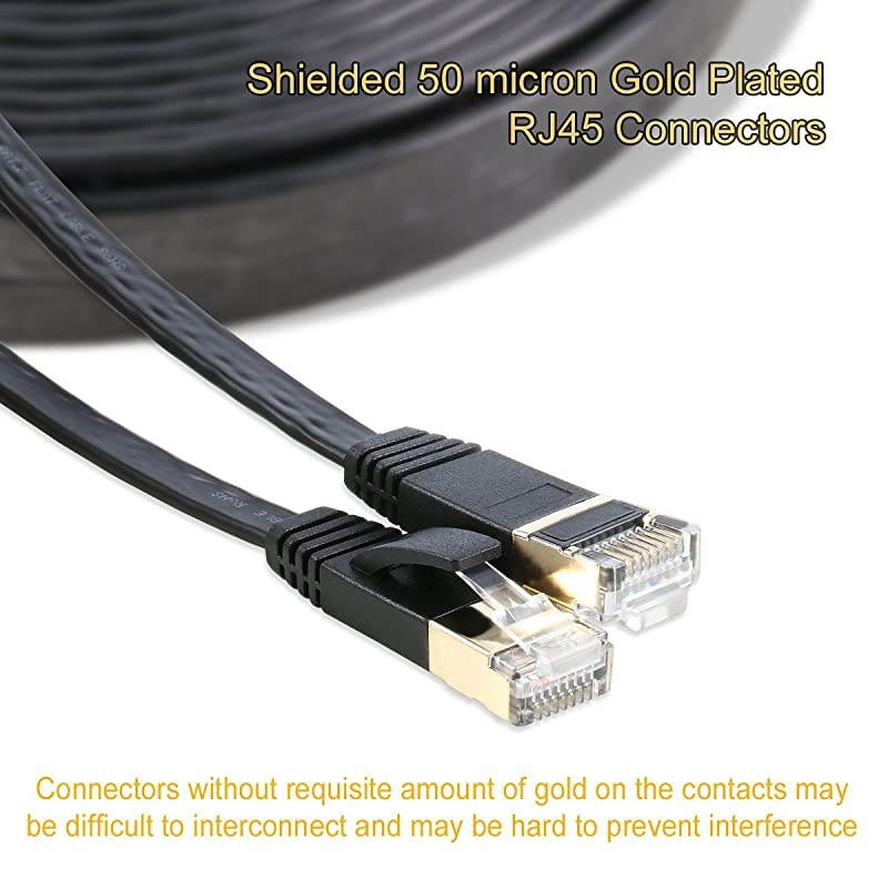 7 Ethernet Cable 50 ft Shielded, Durable Flat Internet Lan Computer patch cord, faster than 5e/cat6, High Speed 7 RJ45 Solid Network Wire for Router, Modem, Xbox, PS4, Camera, Hubs - Black