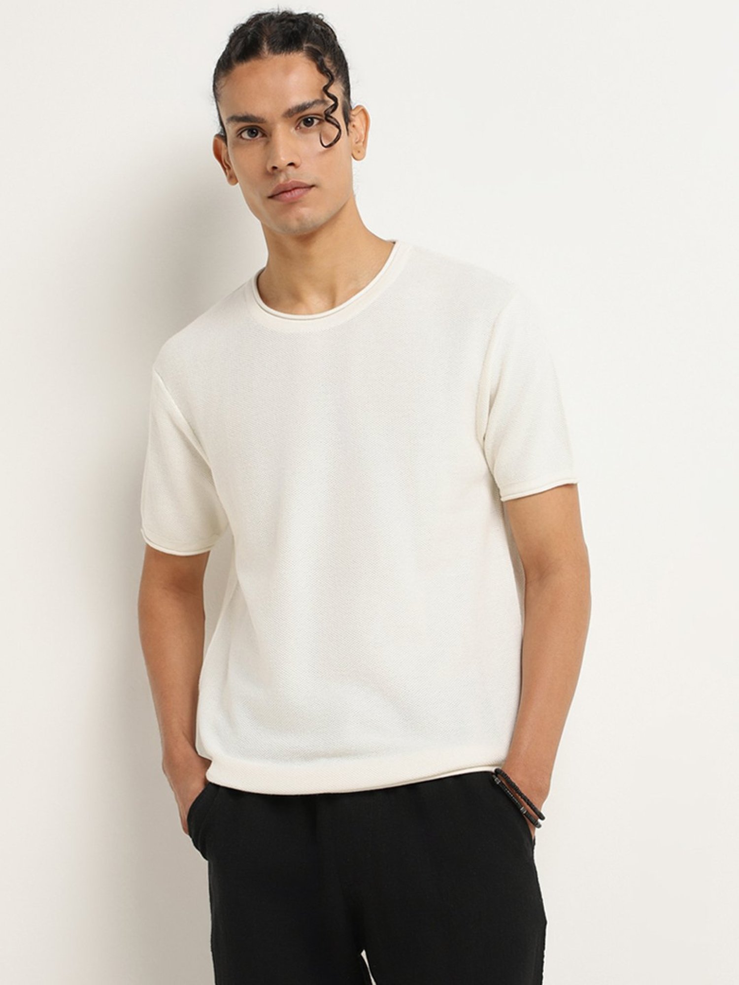 ETA by Westside White Knitted Slim Fit T-Shirt