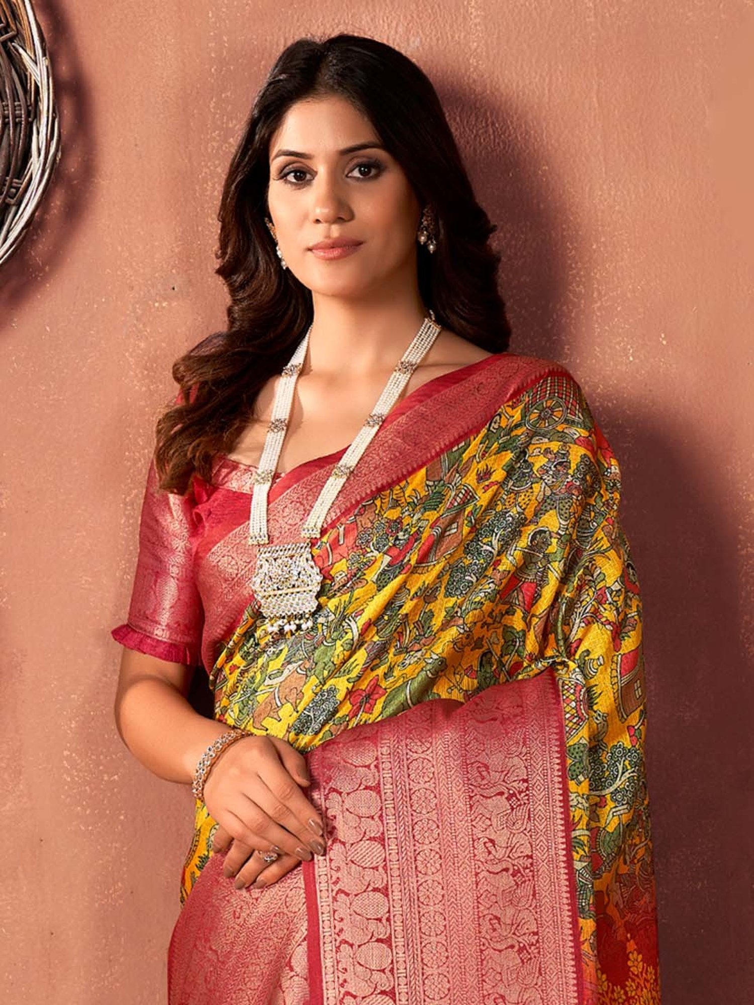 Saree Mall Yellow & Pink Woven Saree With Unstitched Blouse