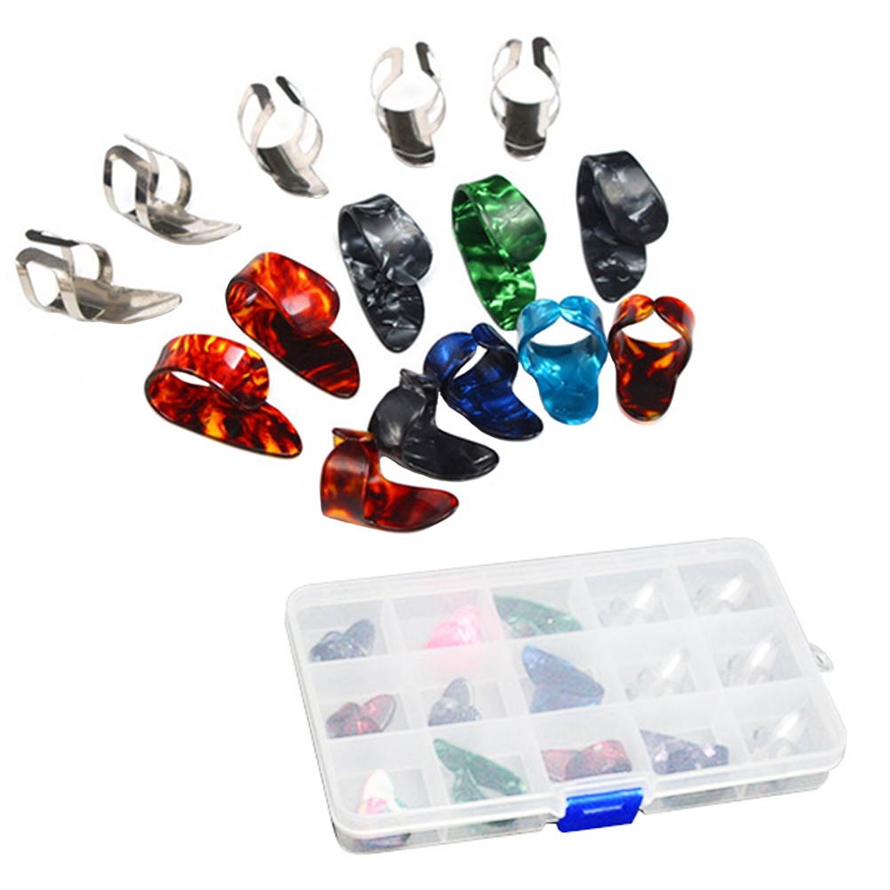 15pcs Stainless Steel Celluloid Thumb Finger Guitar Picks with 15 Grid Case Storage Box
