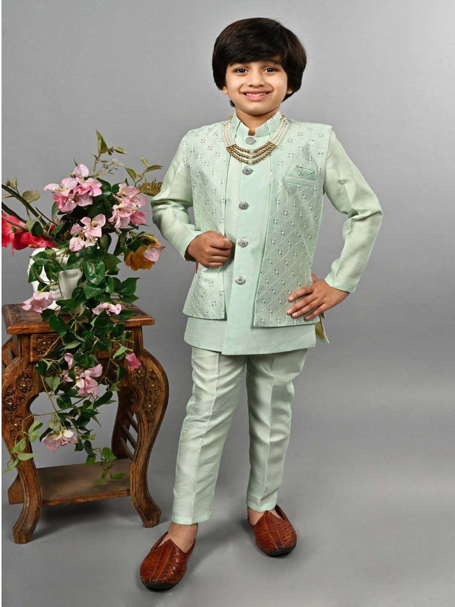 AJ Dezines Kids Black Embellished Full Sleeves Sherwani with Pants