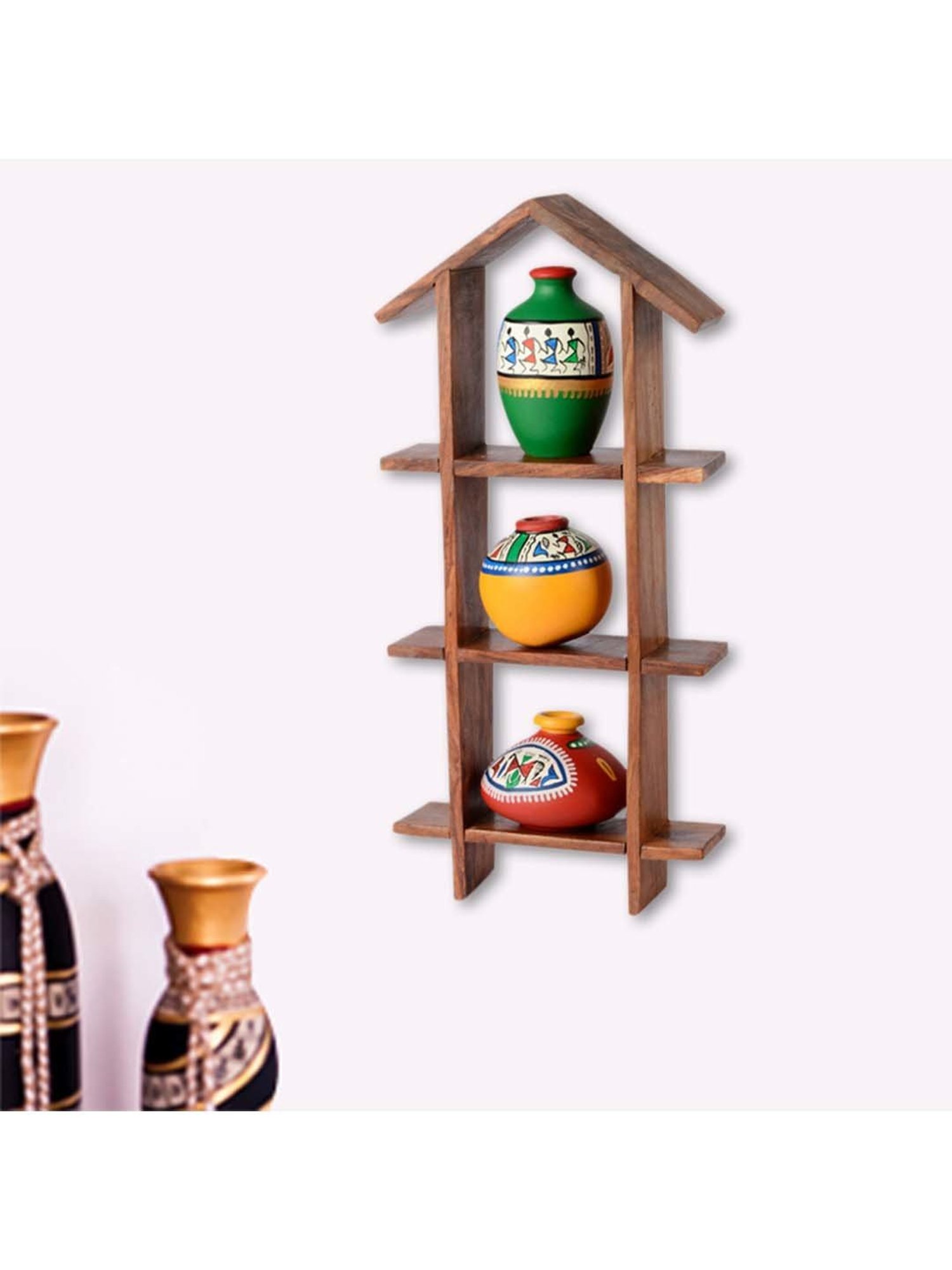 ExclusiveLane 3 Terracotta Warli Handpainted Pots With Sheesham Wooden Hut Frame Wall Hanging