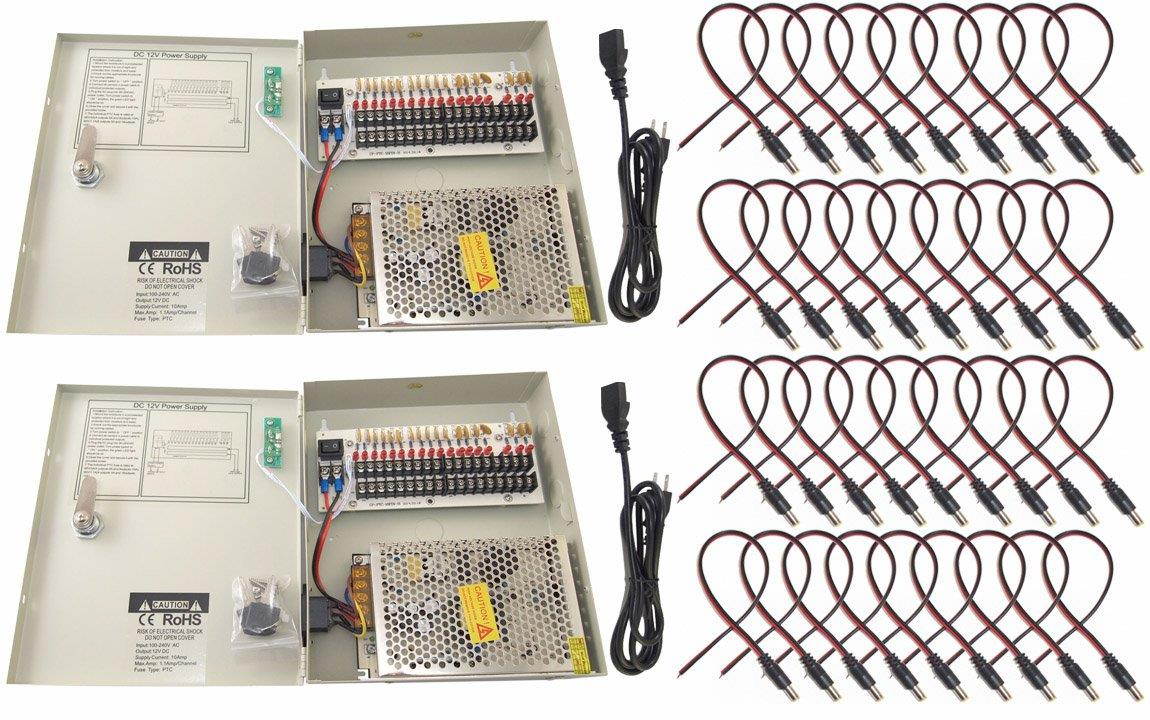 Evertech 2 Pcs.18 Channel 10 AMP PTC Fuse 12V DC Power Supply Box + 36 Pcs DC Jack 5.5 mm x 2.1 mm Male End Power Cable with Lead End Pigtail for Security Surveillance System