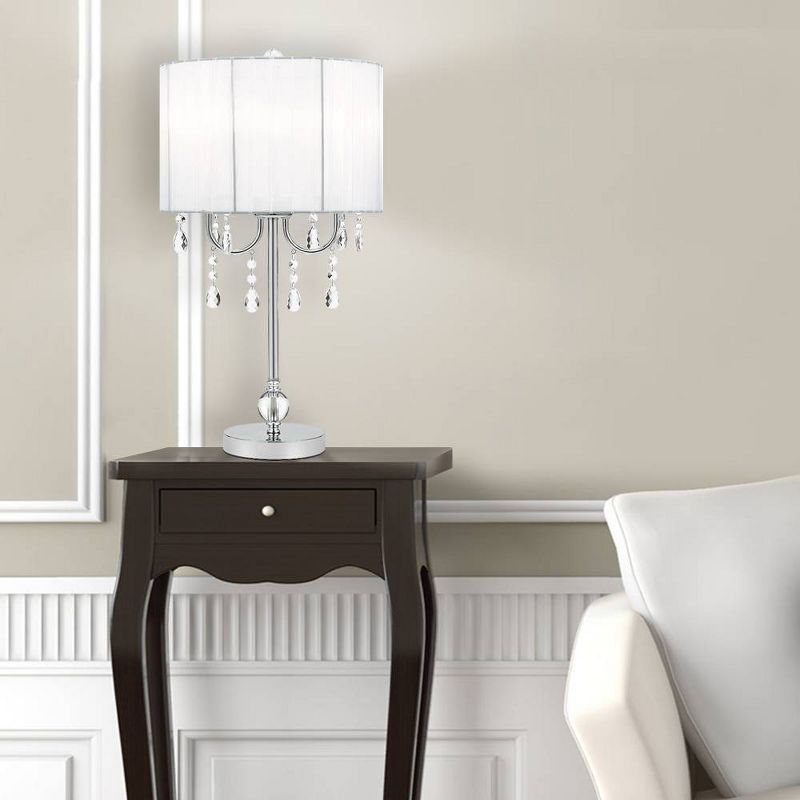 23" Chandelier Table Lamp with Dazzling Clear Beads/Organza Pleated Shade Silver - Cresswell Lighting