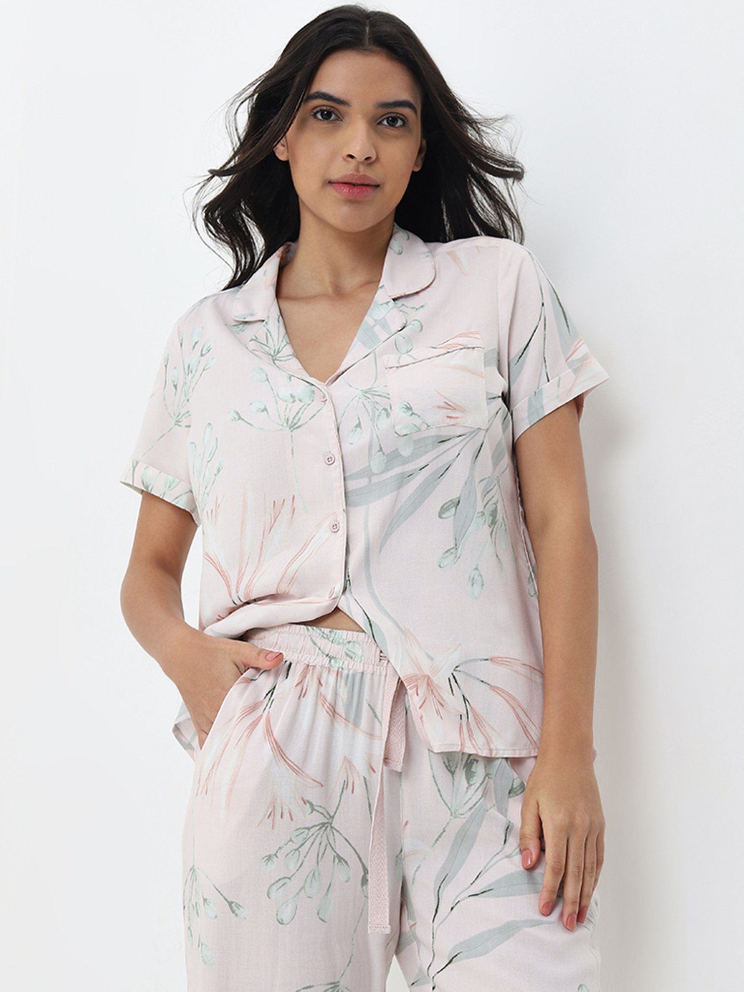 Wunderlove by Westside Light Pink Shirt with High-Rise Pyjamas Set