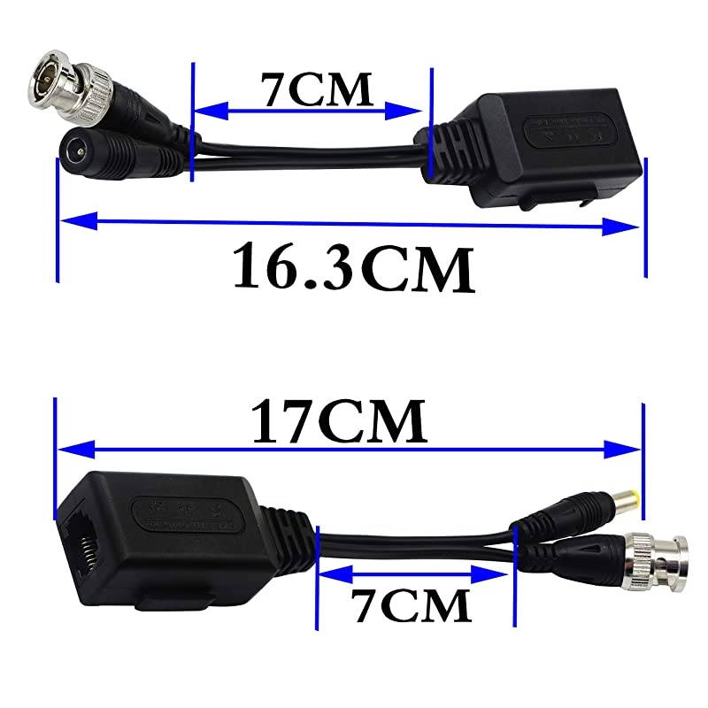 Balun HD Cat5 RJ45 to BNC Video Baluns transceiver Passive with Power Connector for 720P 1080P 3MP 4MP 5MP 8MP HD-CVI/TVI/AHD/CVBS/960H Camera(2 Pairs)