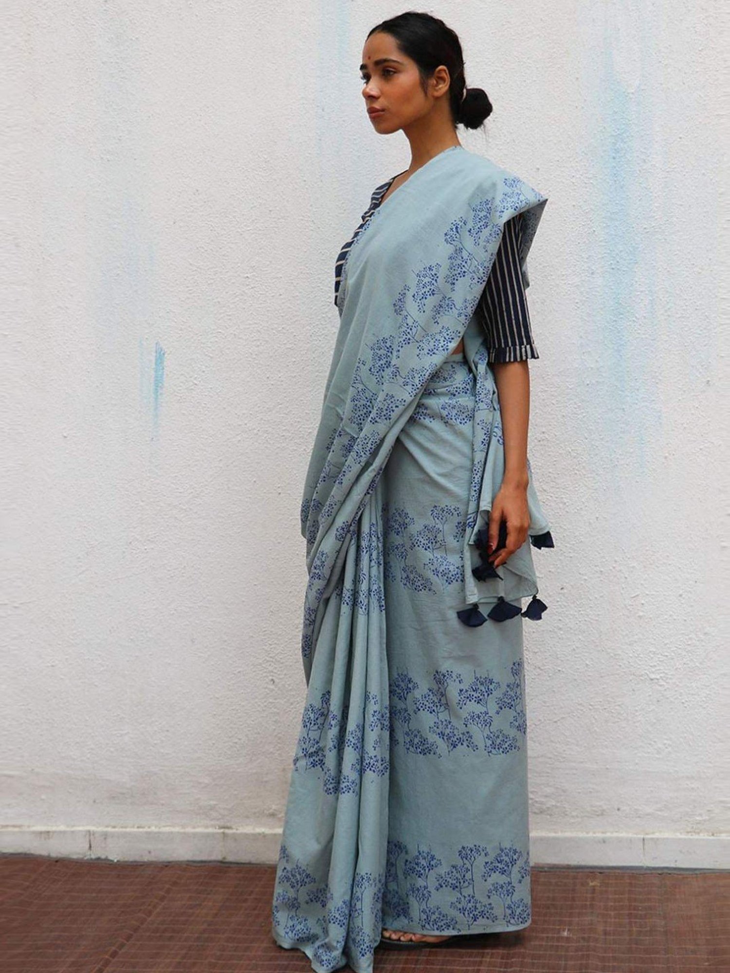 Chidiyaa Blue Paakhi Almond Blossoms Handblock Printed Cotton Sarees