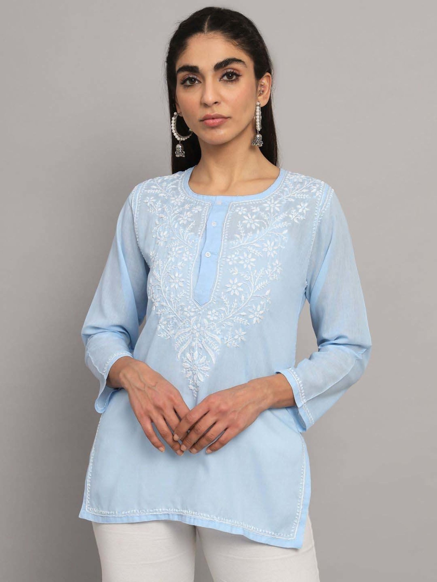 PARAMOUNT CHIKAN Powder Blue Cotton Chikankari Straight Kurti