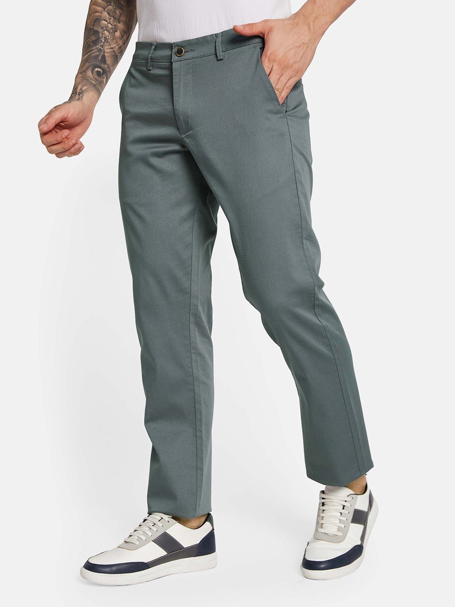 Octave Steel Blue Cotton Regular Fit Trousers