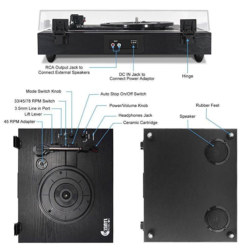 Record Player for 334578 RPM Vinyl RecordsBluetooth BeltDrive Turntable with Builtin Stereo Speakers Black Wood